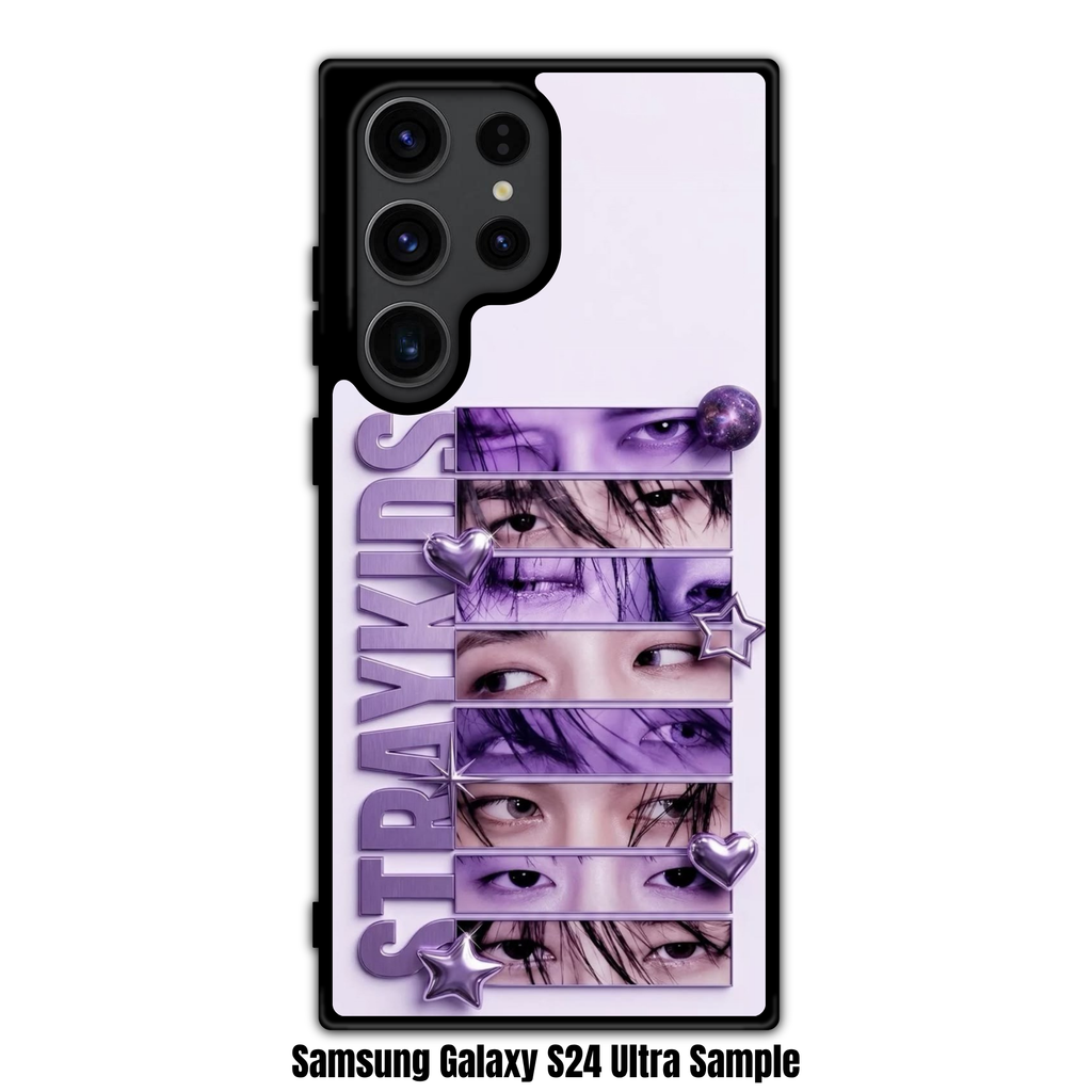 Stray Kids Phone Case For iPhone Samsung Galaxy Pixel - Stray Kids Logo Text And Members Eyes In Purple Bars On Purple Background