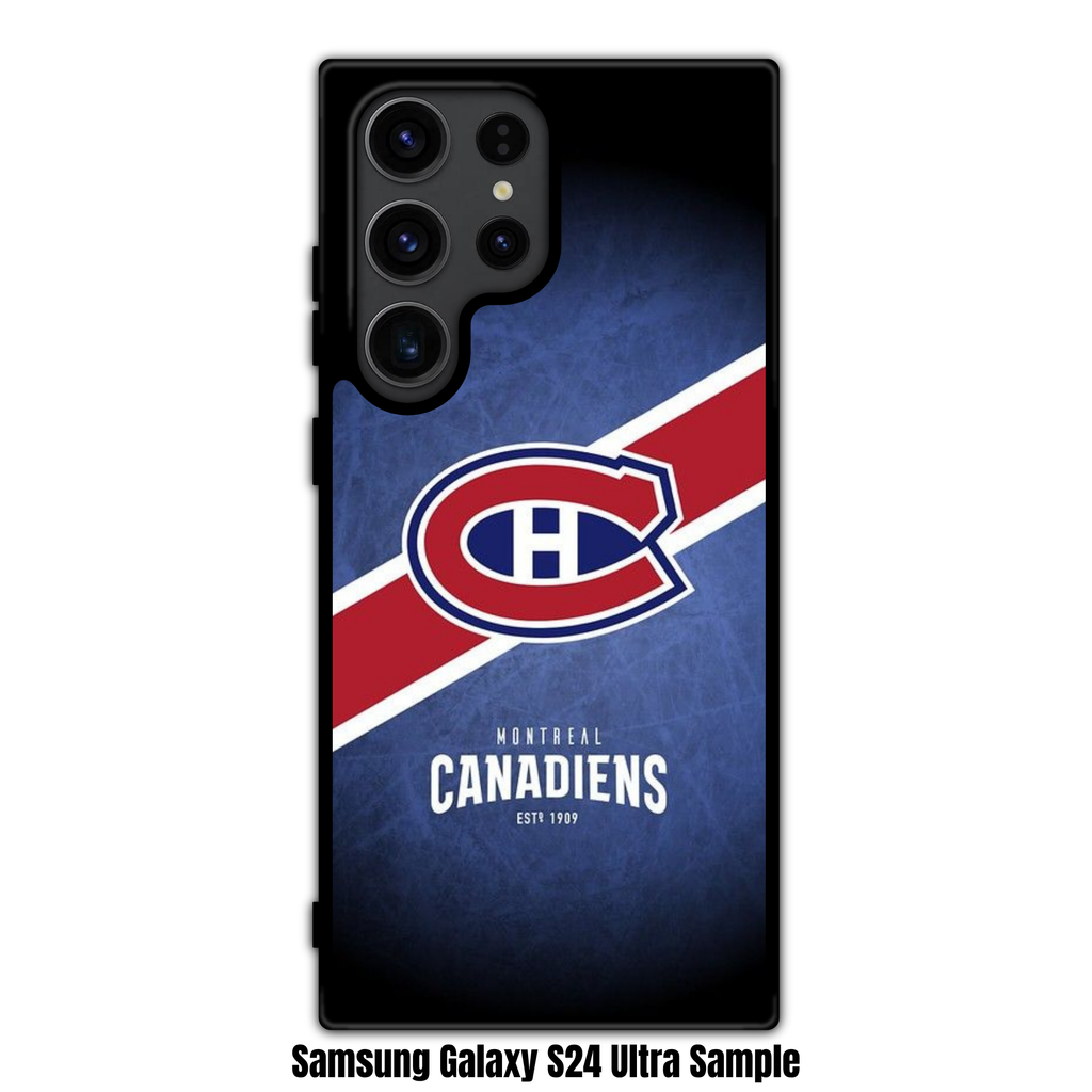 NHL Montreal Canadiens Phone Case For iPhone Samsung Galaxy Pixel - Montreal Canadiens Logo And Diagonal Stripes On Textured Blue Background