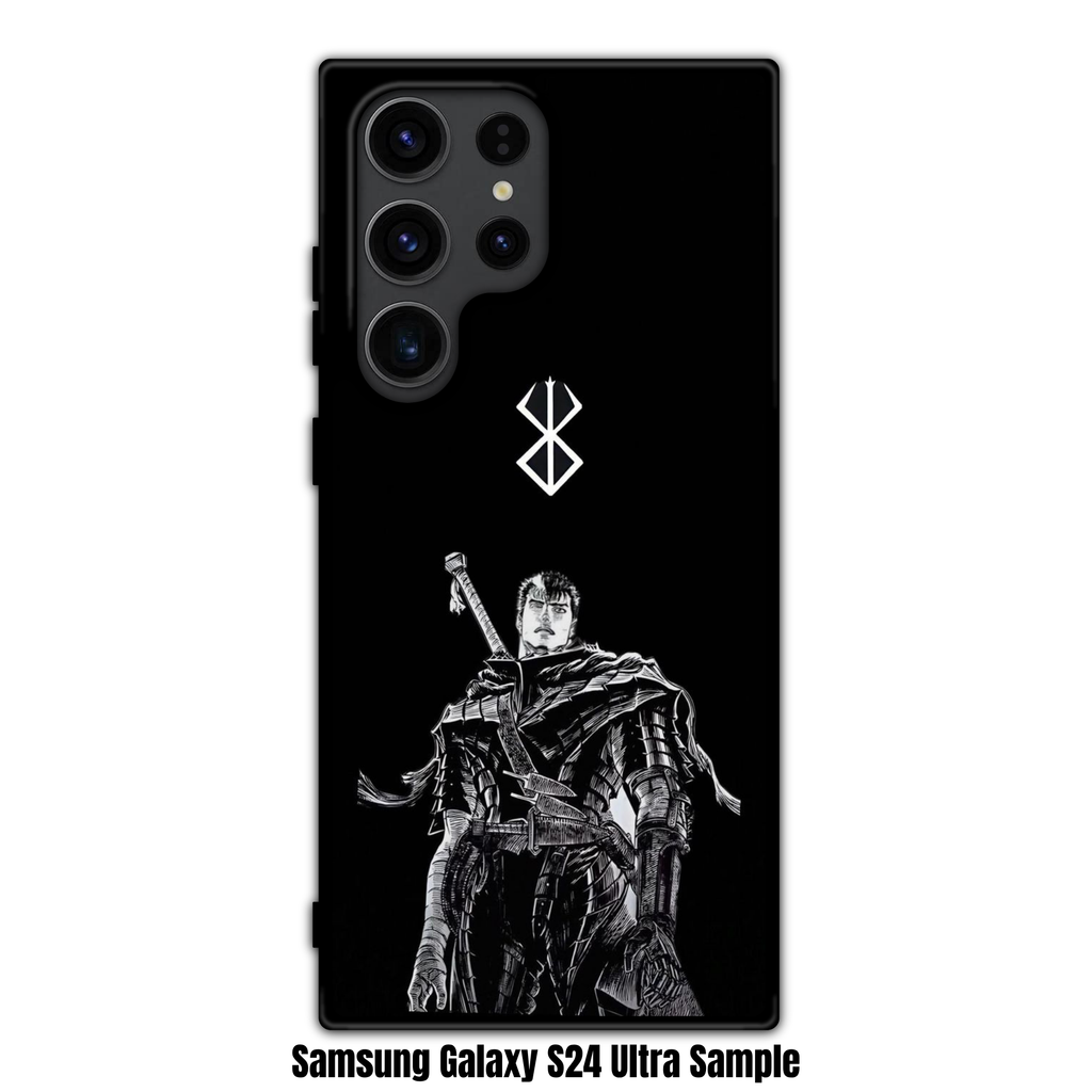 Berserk Guts Phone Case For iPhone Samsung Galaxy Pixel - Black And White Guts Under White Brand Of Sacrifice Symbol On Black Background
