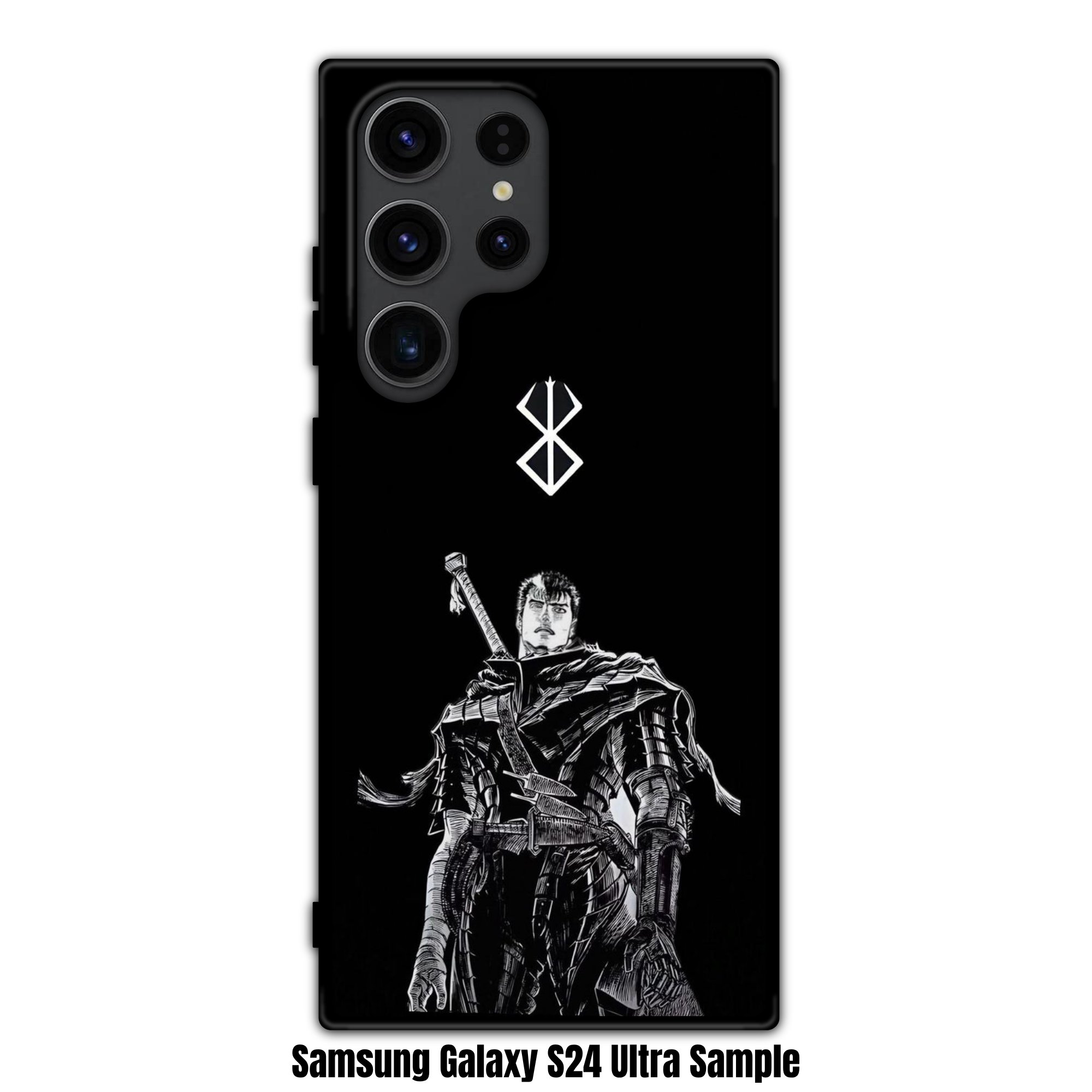 Berserk Guts Phone Case For iPhone Samsung Galaxy Pixel - Black And White Guts Under White Brand Of Sacrifice Symbol On Black Background