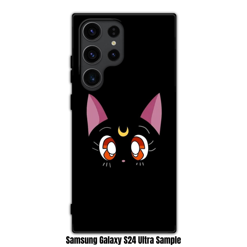 Sailor Moon Phone Case For iPhone Samsung Galaxy Pixel - Luna Cat Minimalist Face Graphic On Black Background