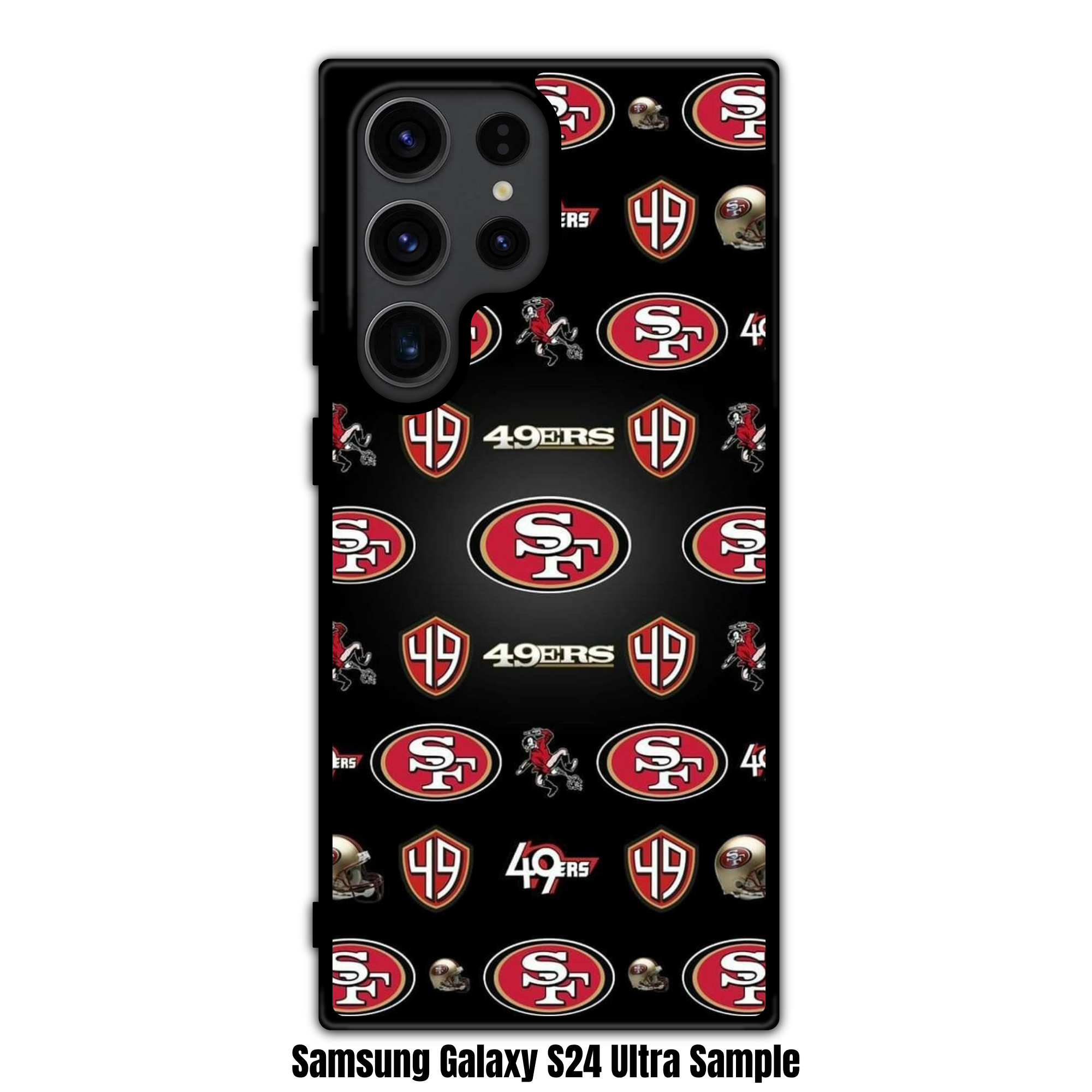 NFL San Francisco 49ers Phone Case For iPhone Samsung Galaxy Pixel - San Francisco 49ers Logos And Helmets Repeating Pattern On Black Background
