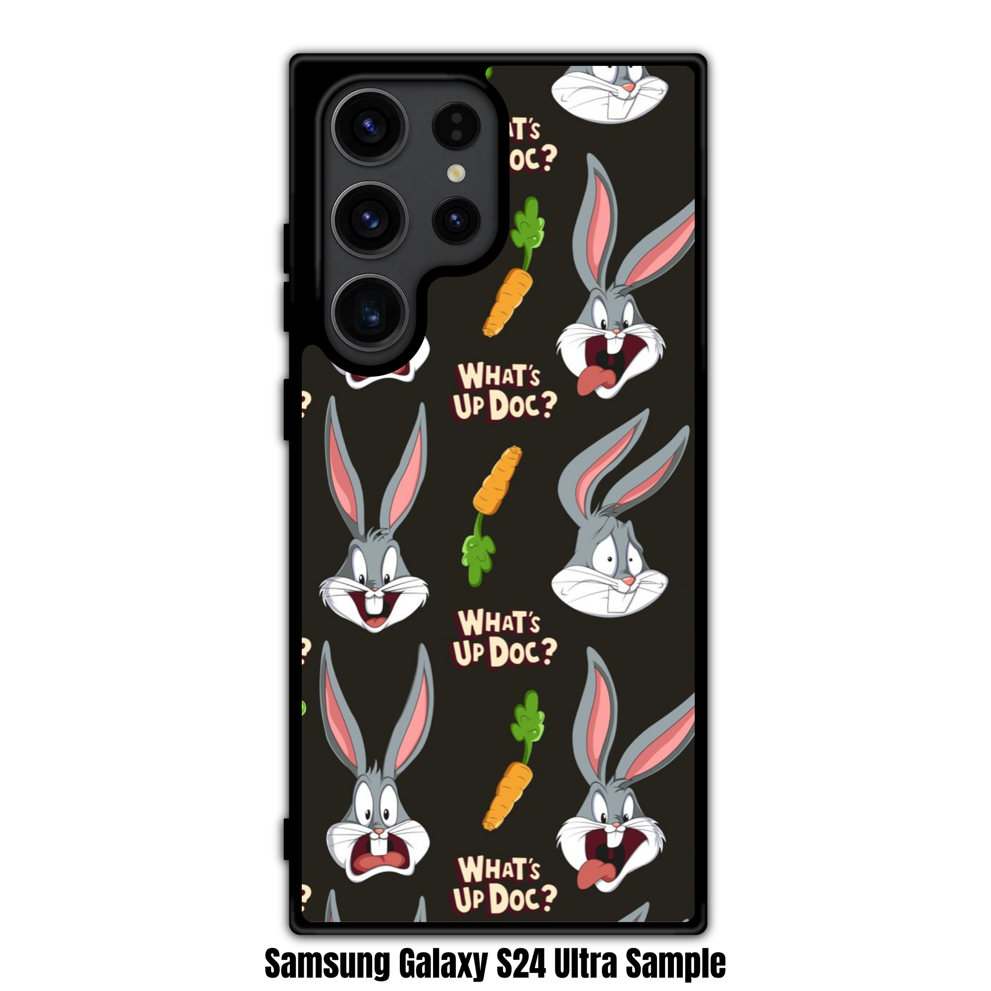 Looney Tunes Bugs Bunny Phone Case For iPhone Samsung Galaxy Pixel - Bugs Bunny Shocked Expression And Carrot Quote Pattern On Black Background