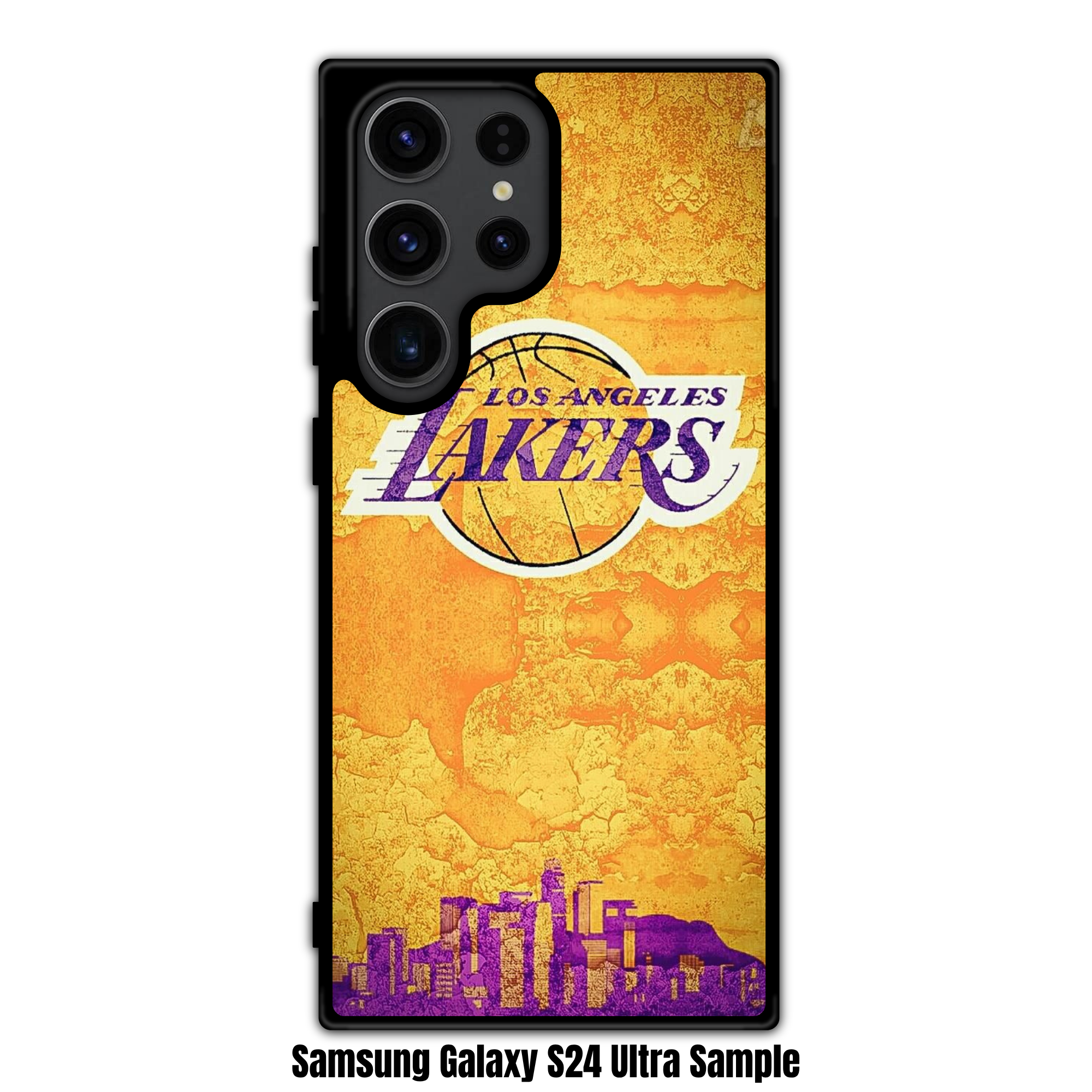 NBA Los Angeles Lakers Phone Case For iPhone Samsung Galaxy Pixel - Los Angeles Lakers Logo And Skyline Silhouette On Gold Background