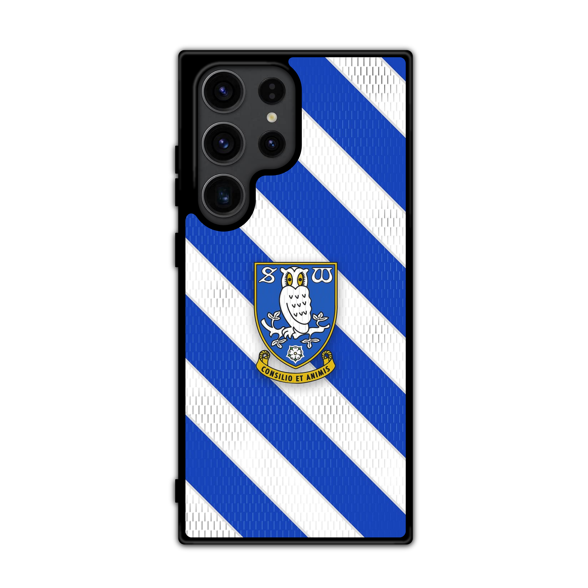 Sheffield Wednesday FC Phone Case For iPhone Samsung Galaxy Pixel - Sheffield Wednesday FC Crest On Blue And White Diagonal Striped Background
