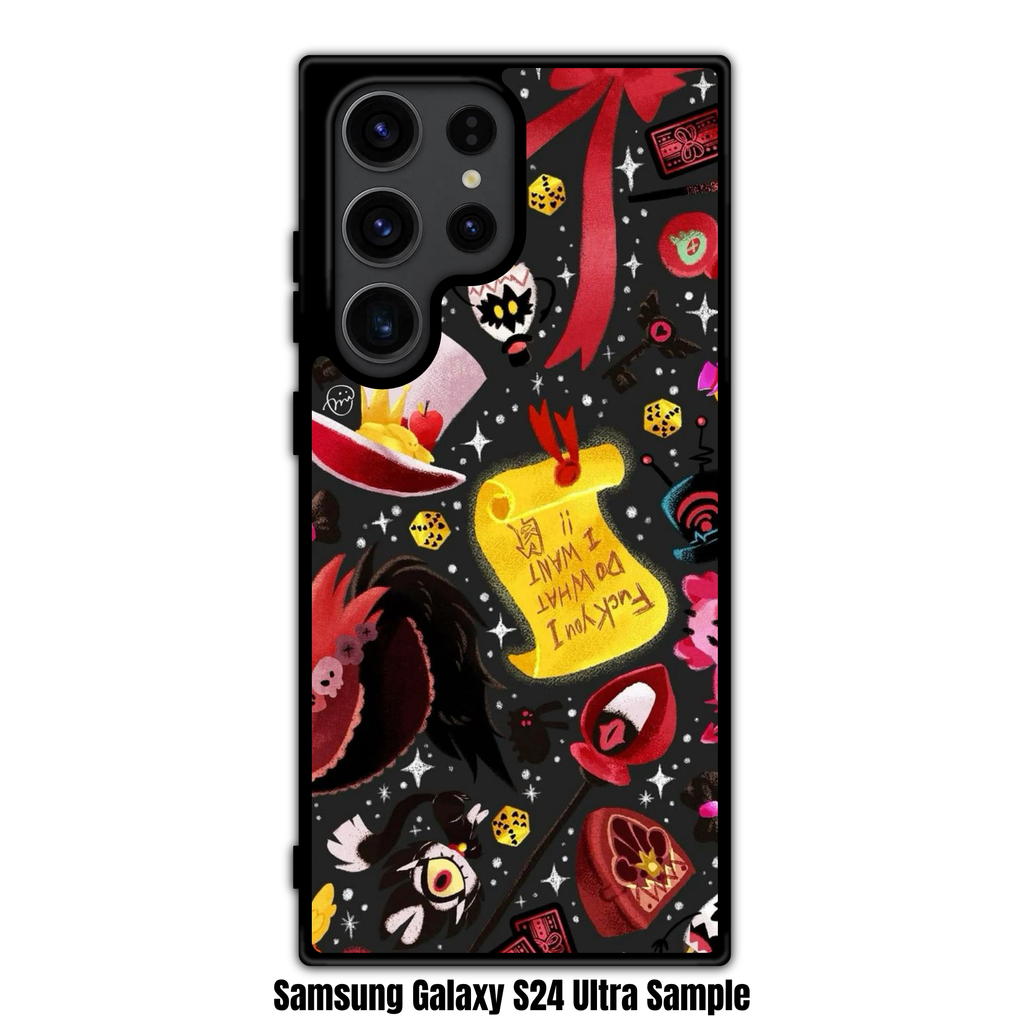 Hazbin Hotel Phone Case For iPhone Samsung Galaxy Pixel - Hazbin Hotel Iconic Items And Symbols Pattern On Black Background