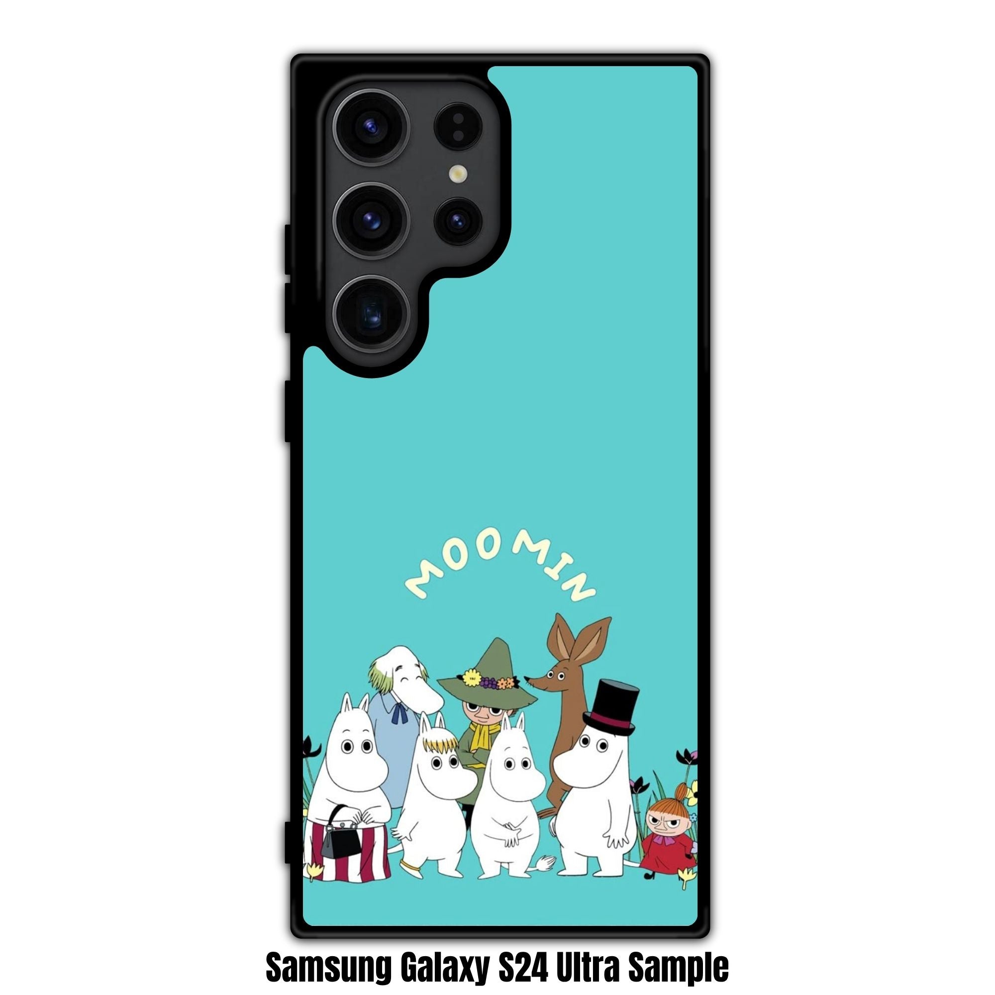 Moomins Phone Case For iPhone Samsung Galaxy Pixel - Moomin Characters In Flower Field Under Logo In Turquoise Background