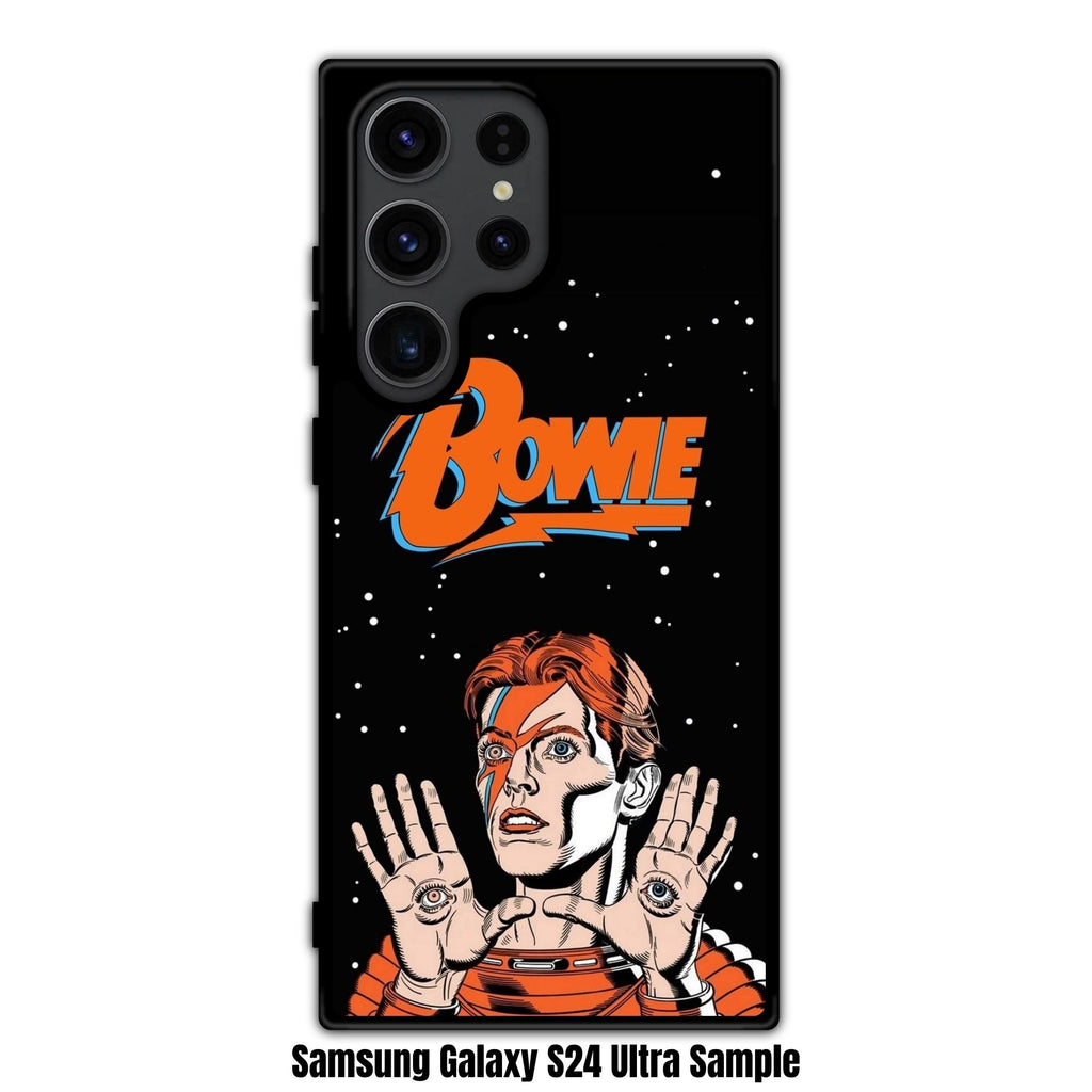 David Bowie Phone Case For iPhone Samsung Galaxy Pixel - David Bowie Comic Art Logo And Spaceman Illustration On Starry Black Background
