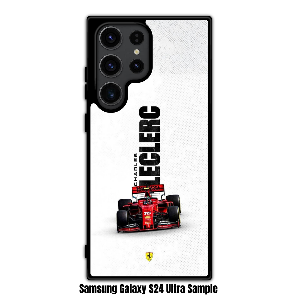 F1 Formula 1 Charles Leclerc Phone Case For iPhone Samsung Galaxy Pixel - Charles Leclerc Car And Ferrari Logo On White Textured Background