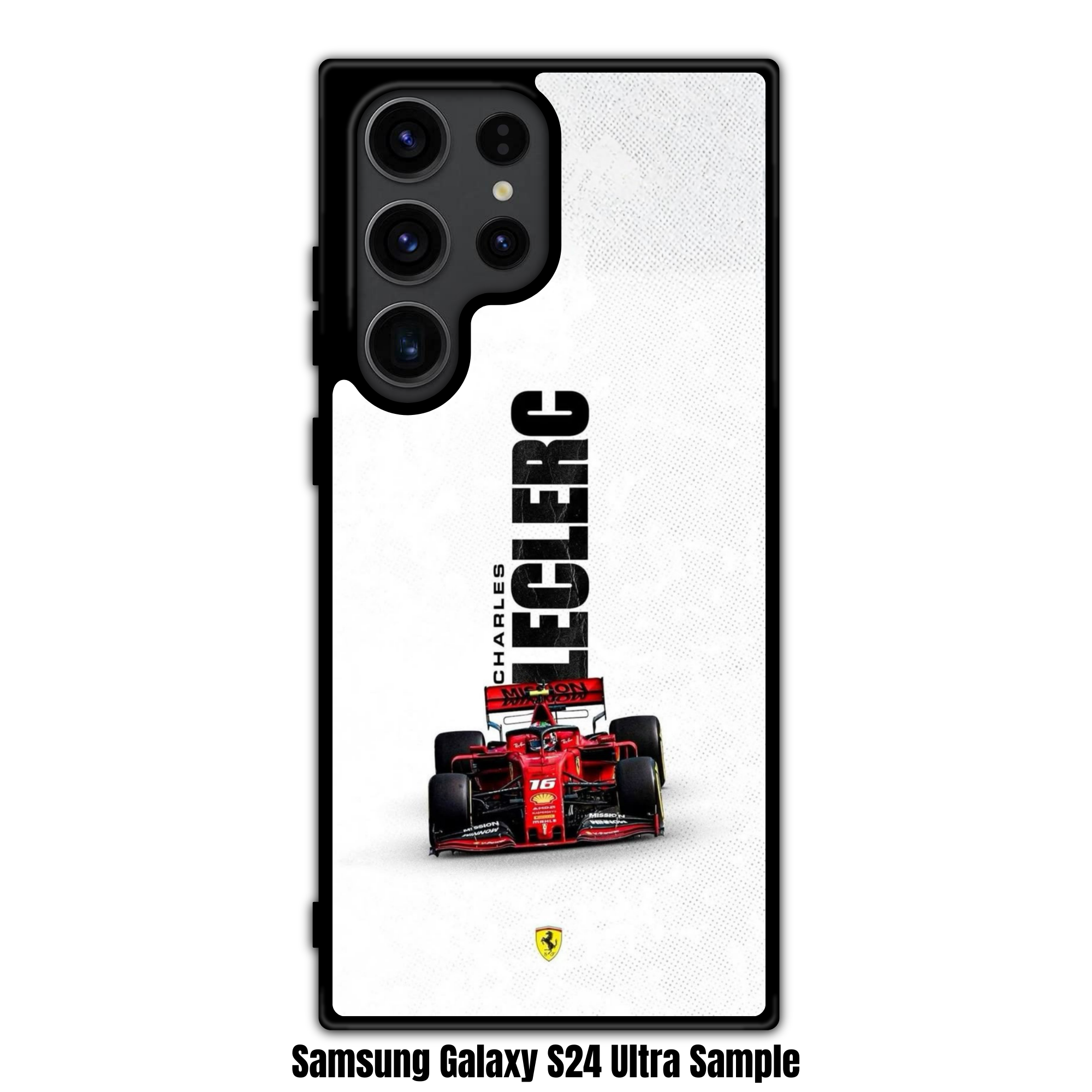 F1 Formula 1 Charles Leclerc Phone Case For iPhone Samsung Galaxy Pixel - Charles Leclerc Car And Ferrari Logo On White Textured Background