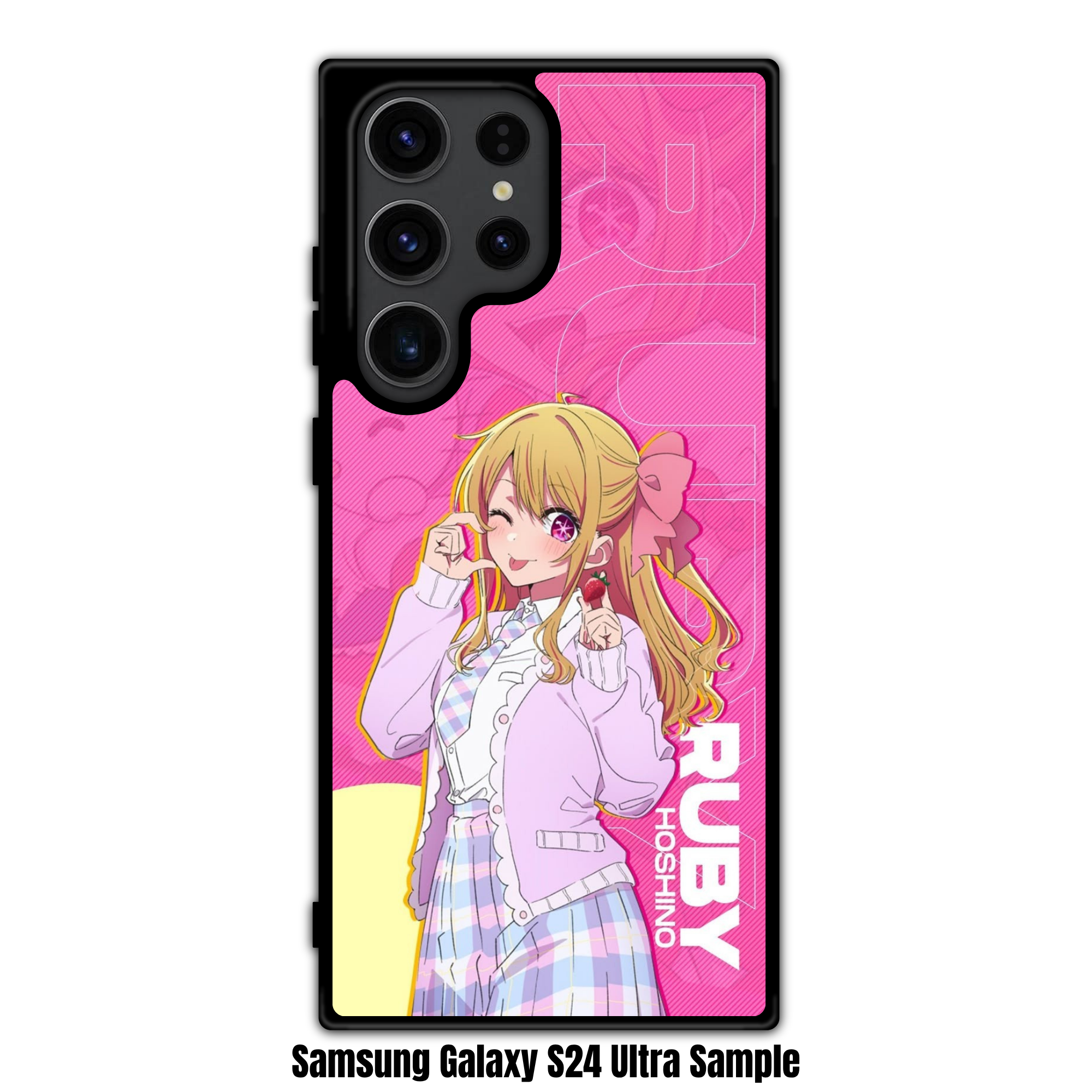Oshi No Ko Ruby Hoshino Phone Case For iPhone Samsung Galaxy Pixel - Ruby Hoshino Holding Strawberry On Pink Graphic Background