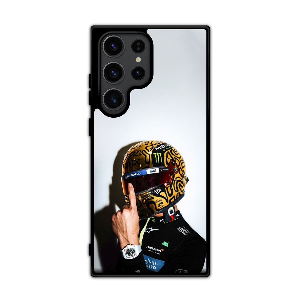 F1 Formula 1 Lando Norris Phone Case For iPhone Samsung Galaxy Pixel - Lando Norris Gold Chrome Blob Pattern Racing Helmet Shoulders Up Poster