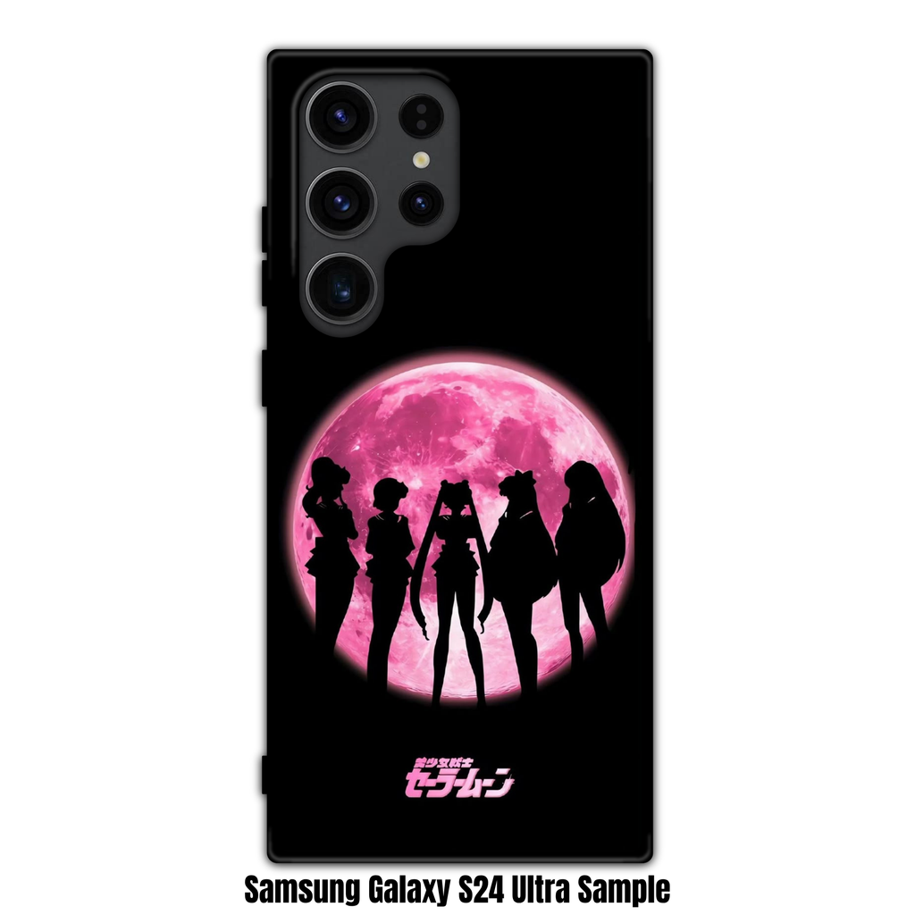 Sailor Moon Phone Case For iPhone Samsung Galaxy Pixel - Sailor Guardian Silhouettes On Pink Moon And Black Background