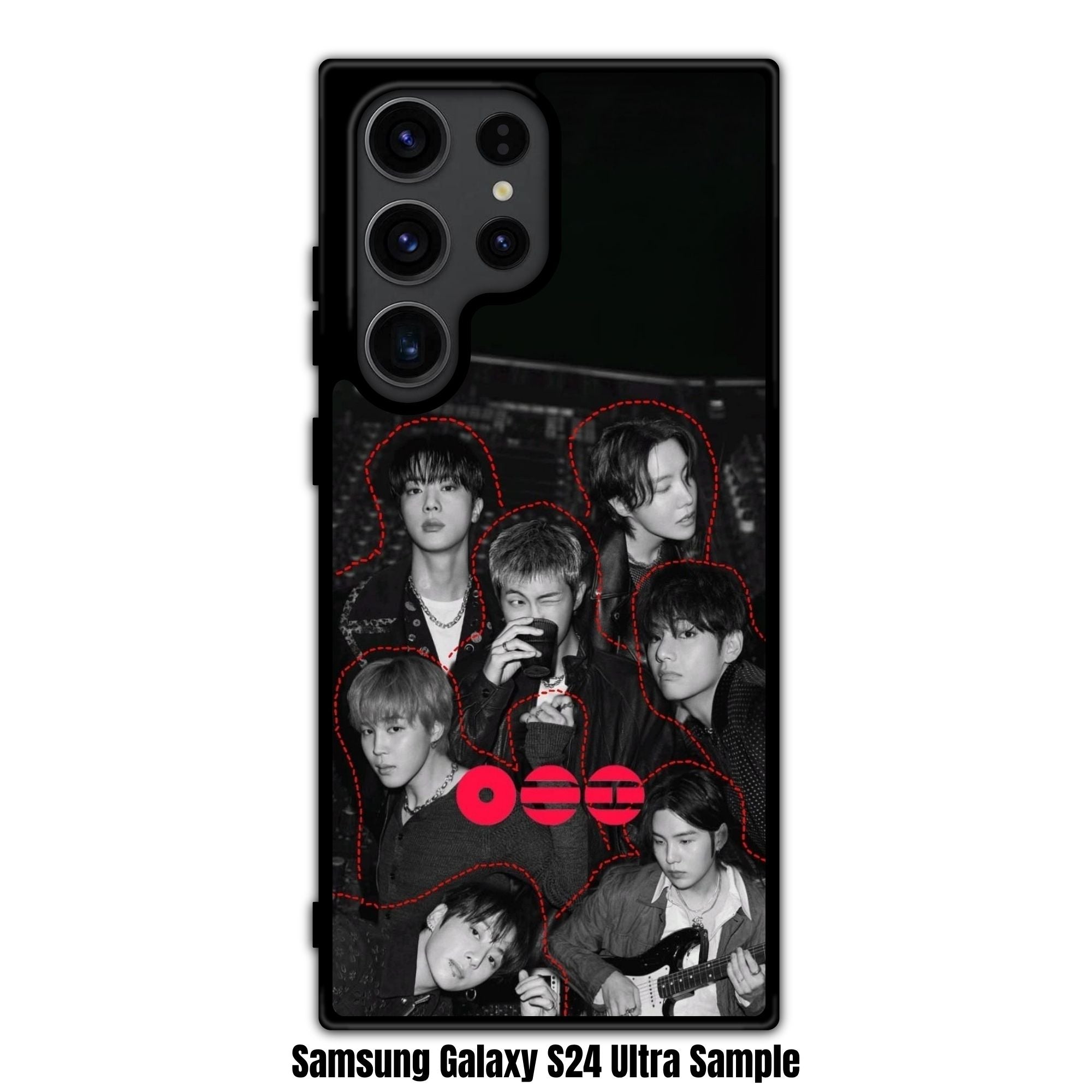 BTS Phone Case For iPhone Samsung Galaxy Pixel - BTS Members Group Photo With Red Logo Graphic On Black And White Background