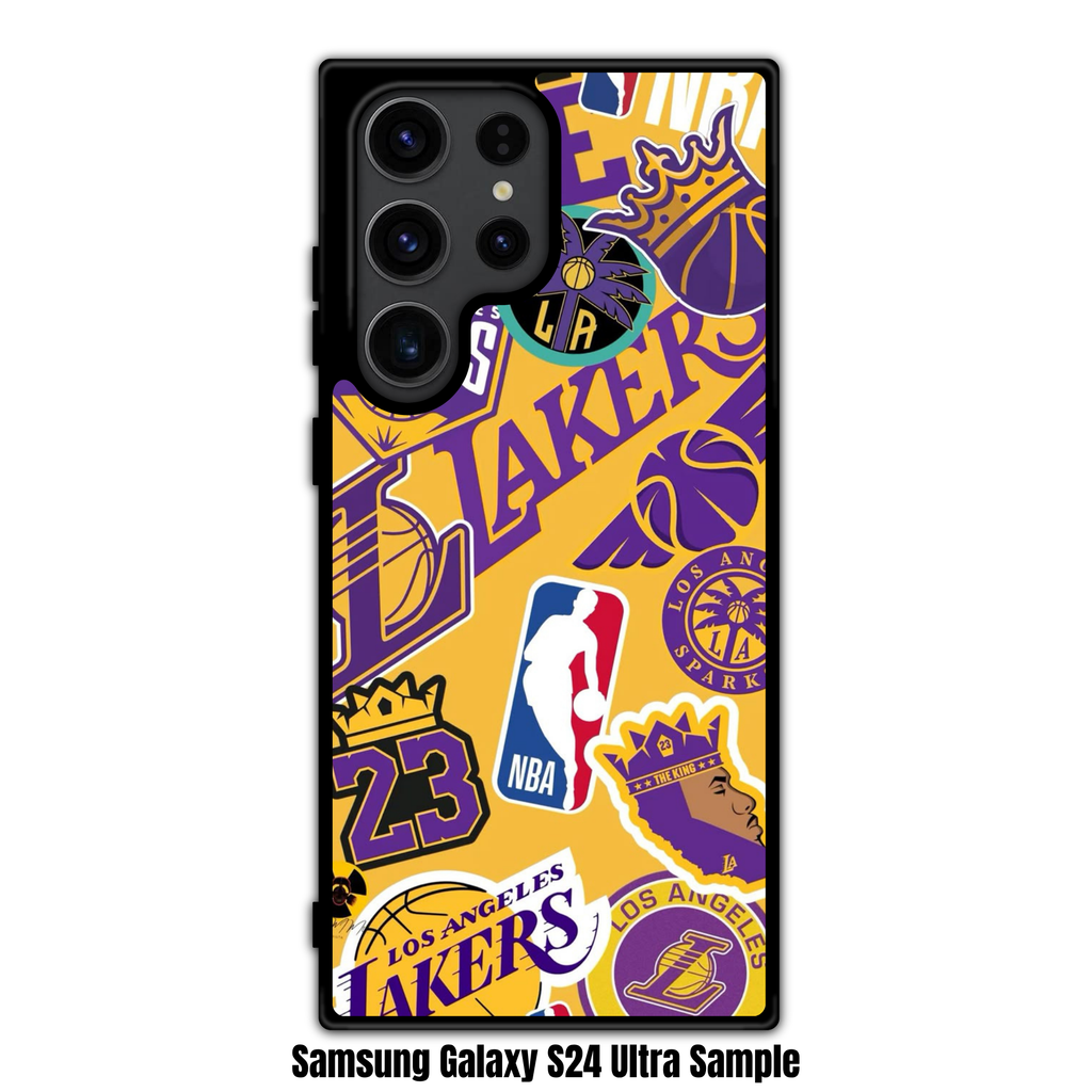 NBA Los Angeles Lakers Phone Case For iPhone Samsung Galaxy Pixel - Los Angeles Lakers Logo And Stickers Collage On Gold Background