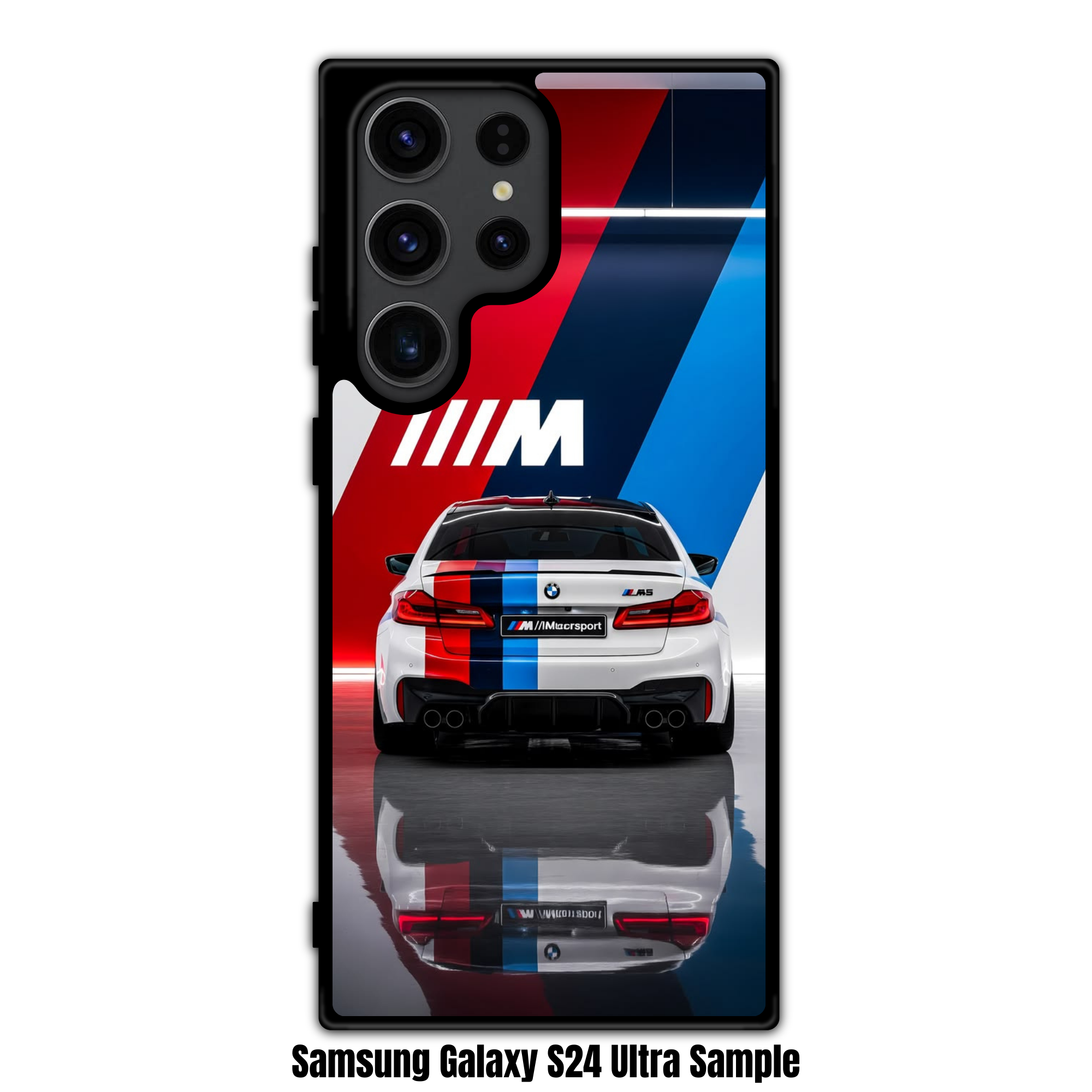 BMW Phone Case For iPhone Samsung Galaxy Pixel - BMW M5 MotoGP Safety Car And M Stripes On Reflective Floor Background
