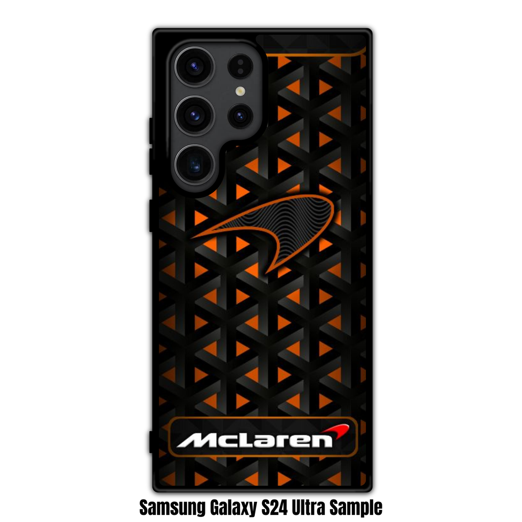 F1 Formula 1 McLaren Phone Case For iPhone Samsung Galaxy Pixel - McLaren Logo And Wordmark On Black Geometric Pattern Background