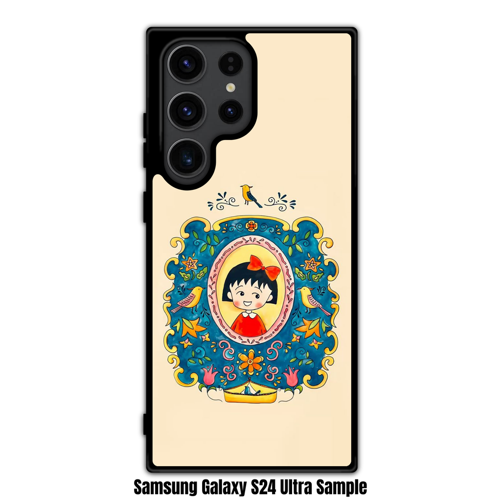 Chibi Maruko Chan Phone Case For iPhone Samsung Galaxy Pixel - Chibi Maruko Chan Folk Art Floral Emblem On Beige Background