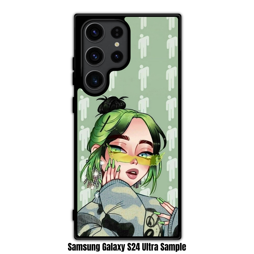 Billie Eilish Phone Case For iPhone Samsung Galaxy Pixel - Billie Eilish Anime Illustration With Blohsh Logo Pattern On Sage Green Background