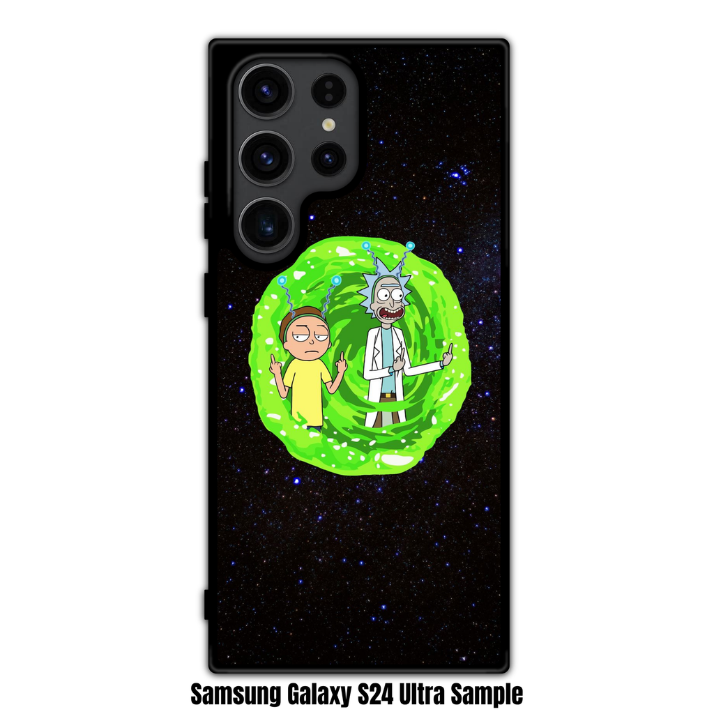 Rick And Morty Phone Case For iPhone Samsung Galaxy Pixel - Rick And Morty Emerging From A Green Portal On Starry Space Background
