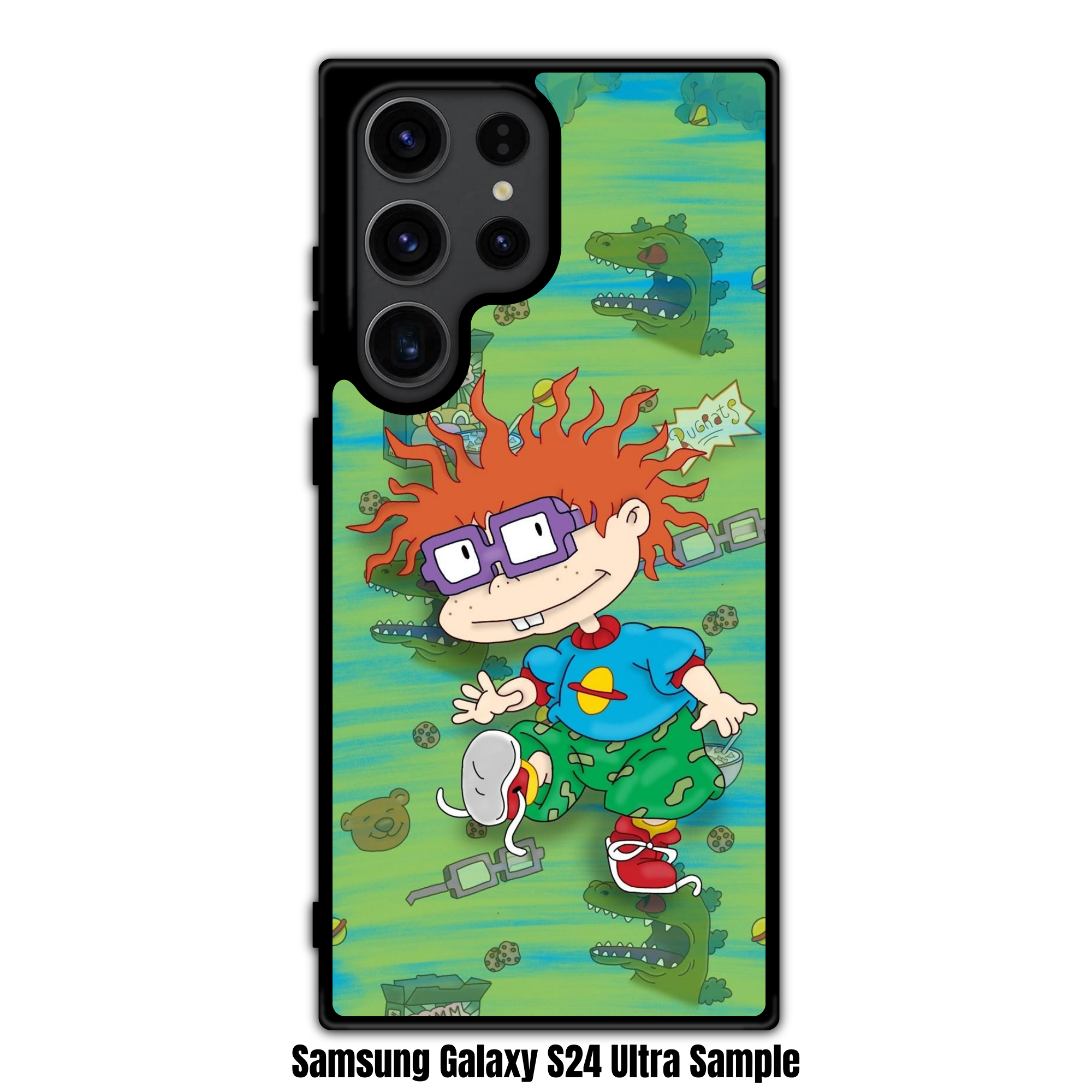Rugrats Chuckie Phone Case For iPhone Samsung Galaxy Pixel - Chuckie Finster Surrounded By Reptar And Dummy Bears On Green Background