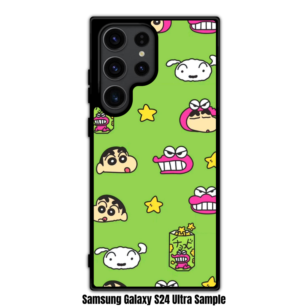 Crayon Shin Chan Phone Case For iPhone Samsung Galaxy Pixel - Crayon Shin Chan Faces And Chocobi Snacks Pattern On Lime Green Background