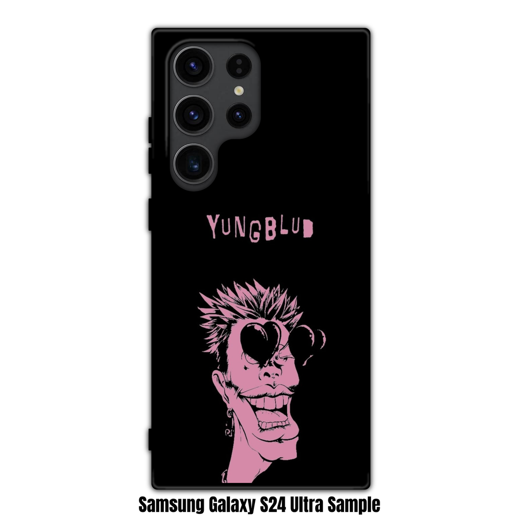 Yungblud Phone Case For iPhone Samsung Galaxy Pixel - Yungblud Pink Caricature Illustration Wearing Heart Sunglasses On Black Background