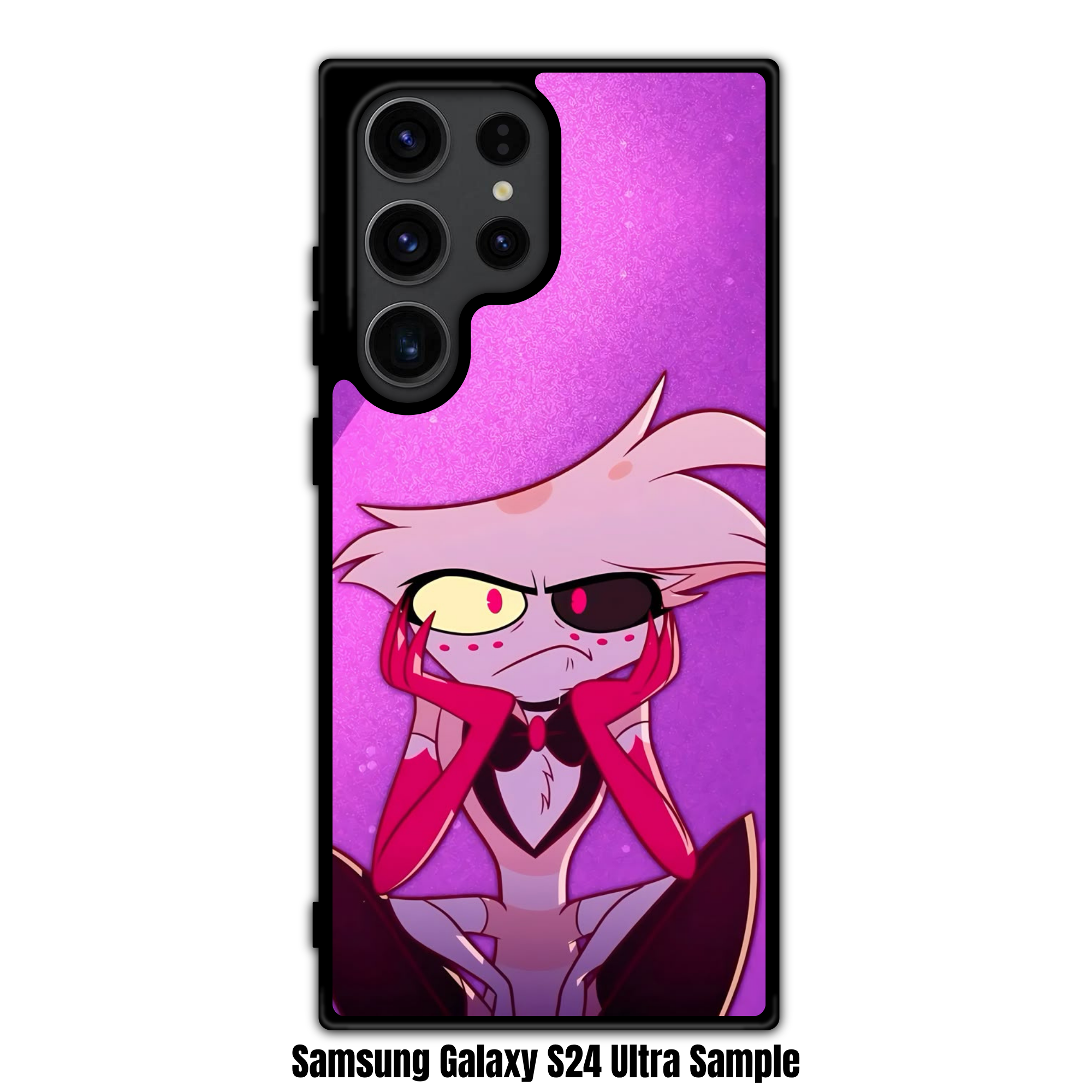 Hazbin Hotel Angel Dust Phone Case For iPhone Samsung Galaxy Pixel - Angel Dust Grumpy Expression On Purple Geometric Background