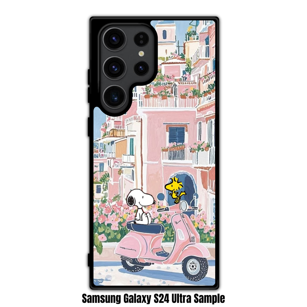 Peanuts Snoopy Phone Case For iPhone Samsung Galaxy Pixel - Peanuts Snoopy And Woodstock On A Pink Scooter With Amalfi Coast Background