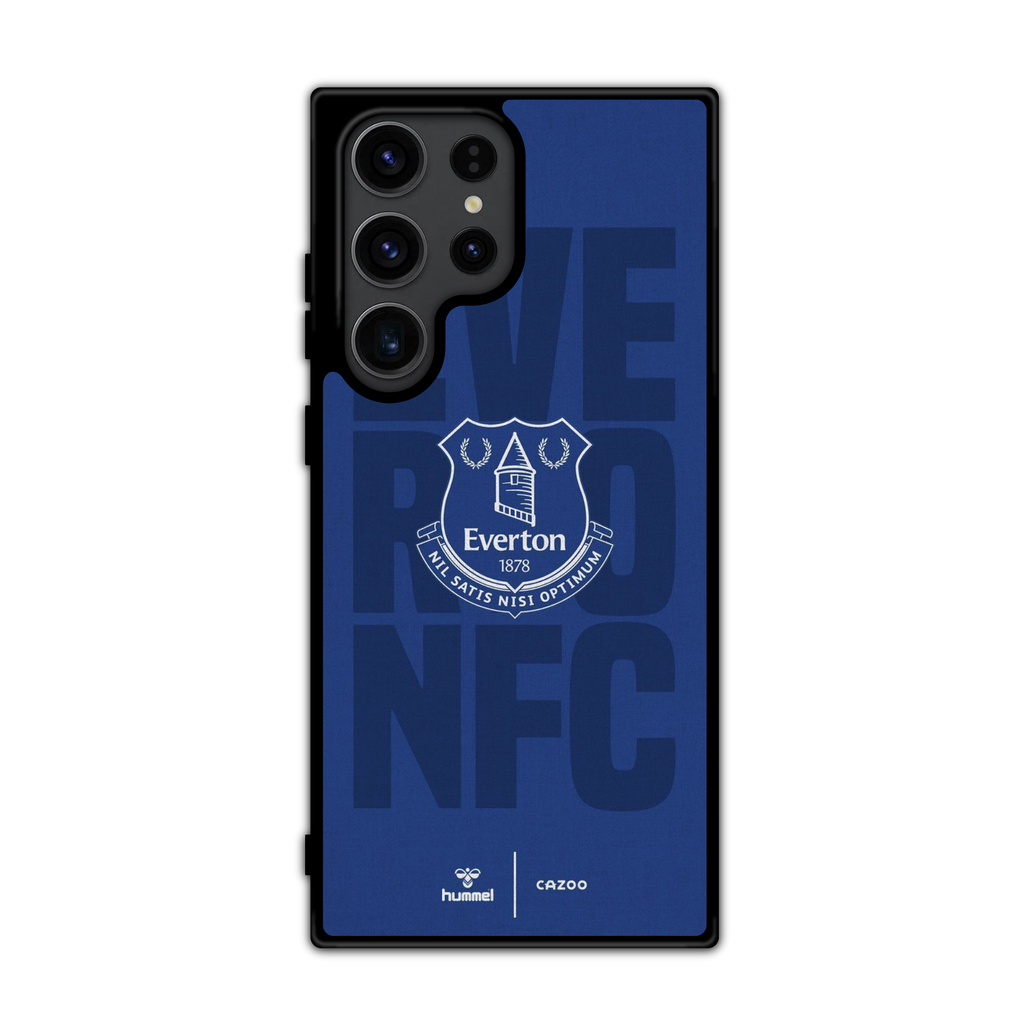 Everton FC Phone Case For iPhone Samsung Galaxy Pixel - Everton FC Crest On Blue Background With Large Faded Text And Brand Logos