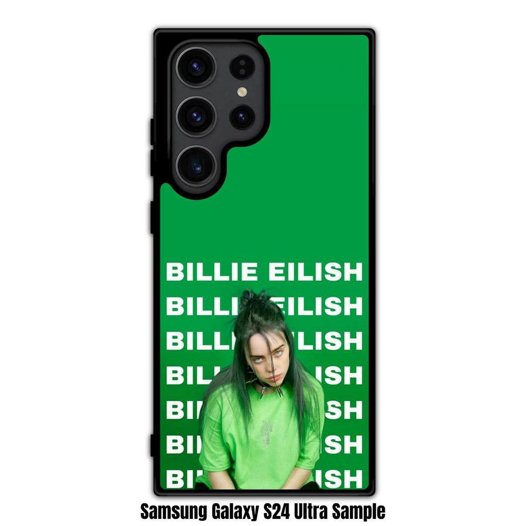 Billie Eilish Phone Case For iPhone Samsung Galaxy Pixel - Billie Eilish Wearing Spiked Choker Collar Below Repeating Typography On Green Background