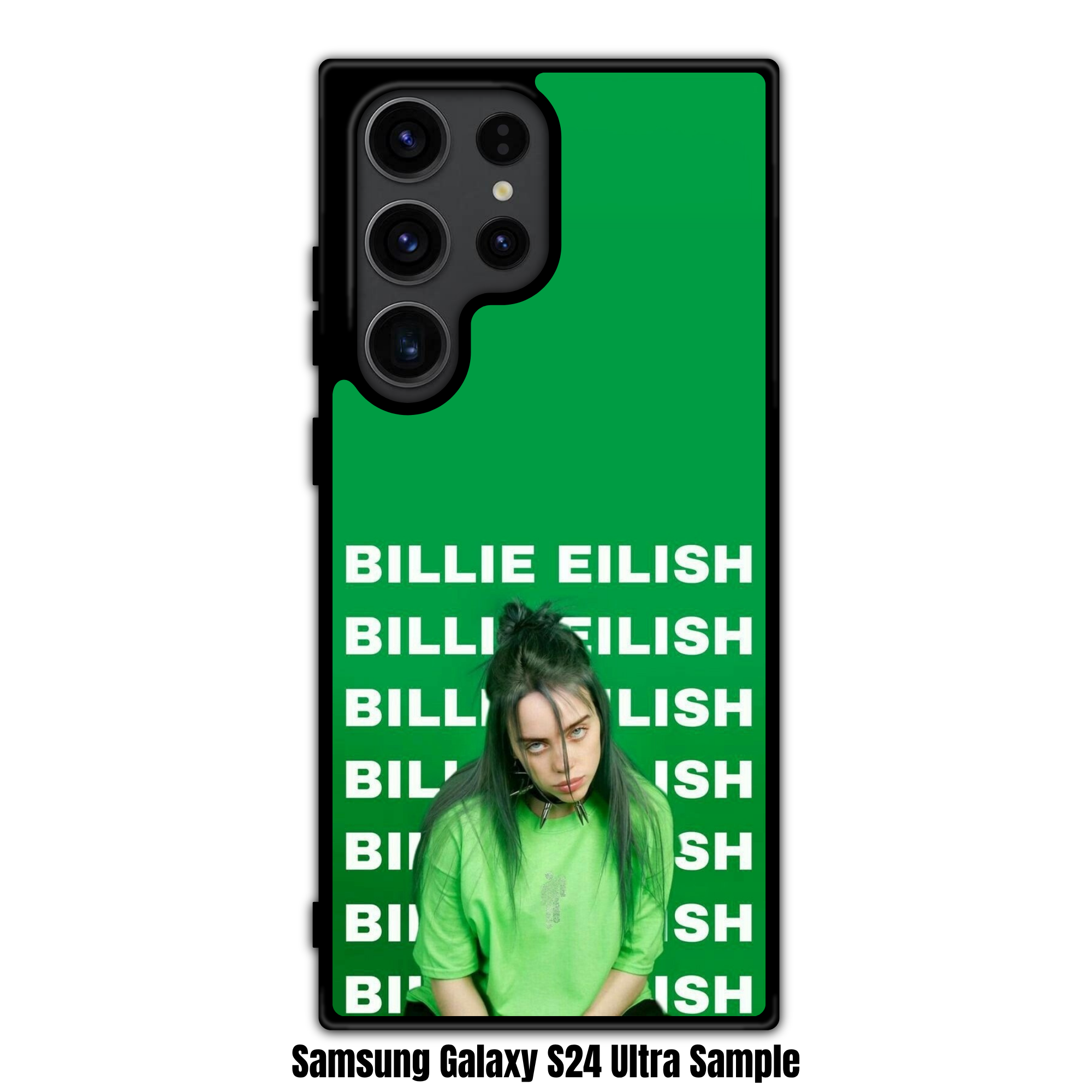 Billie Eilish Phone Case For iPhone Samsung Galaxy Pixel - Billie Eilish Wearing Spiked Choker Collar Below Repeating Typography On Green Background