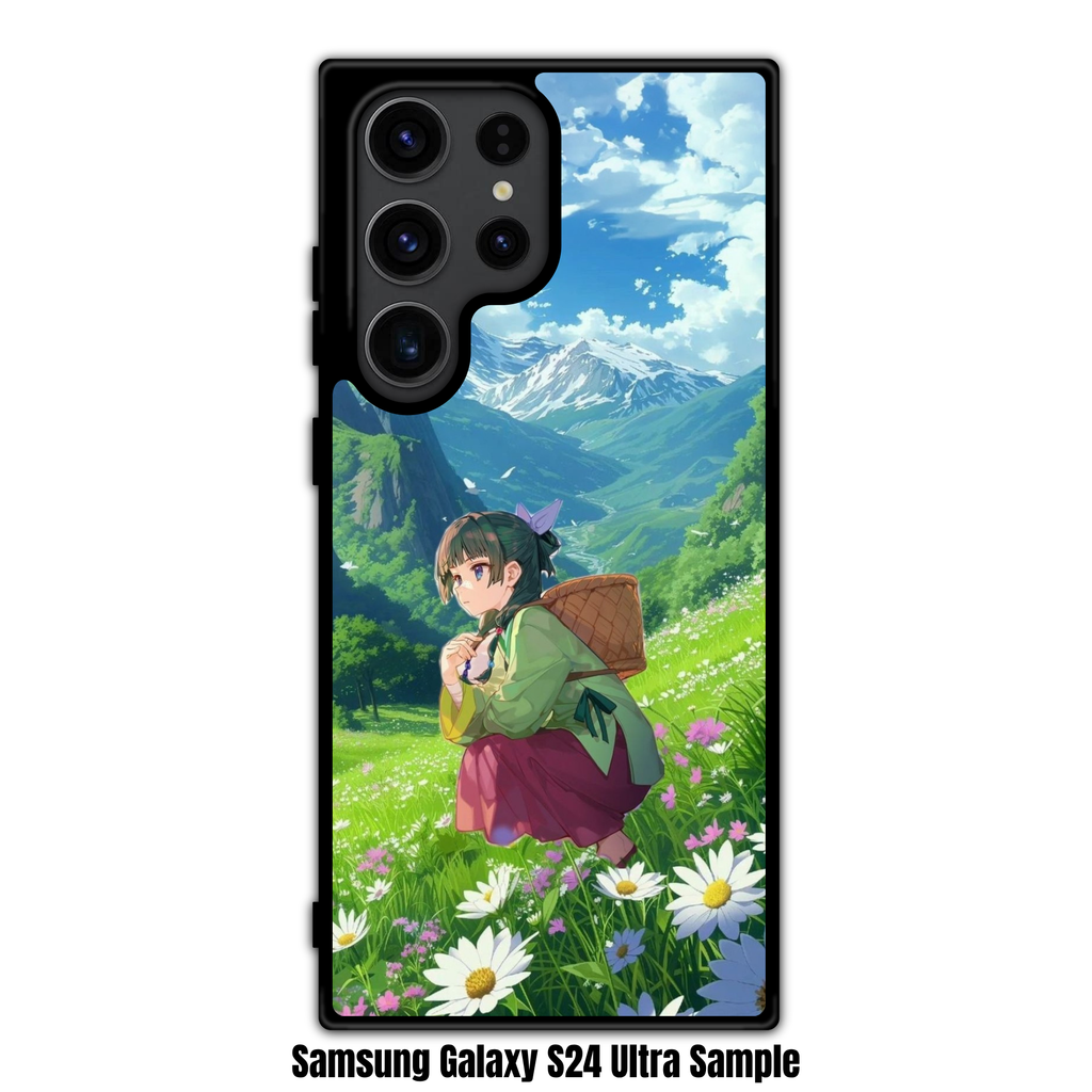 The Apothecary Diaries Maomao Phone Case For iPhone Samsung Galaxy Pixel - Maomao Squatting In A Flower Field With A Basket On A Mountain Background