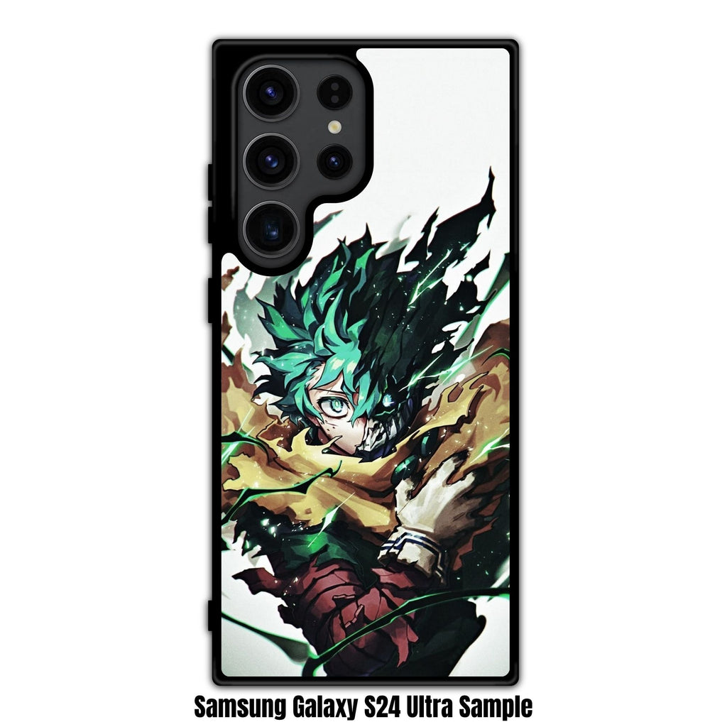 My Hero Academia Midoriya Phone Case For iPhone Samsung Galaxy Pixel - Vigilante Deku With Green Energy Flares On Off White Background