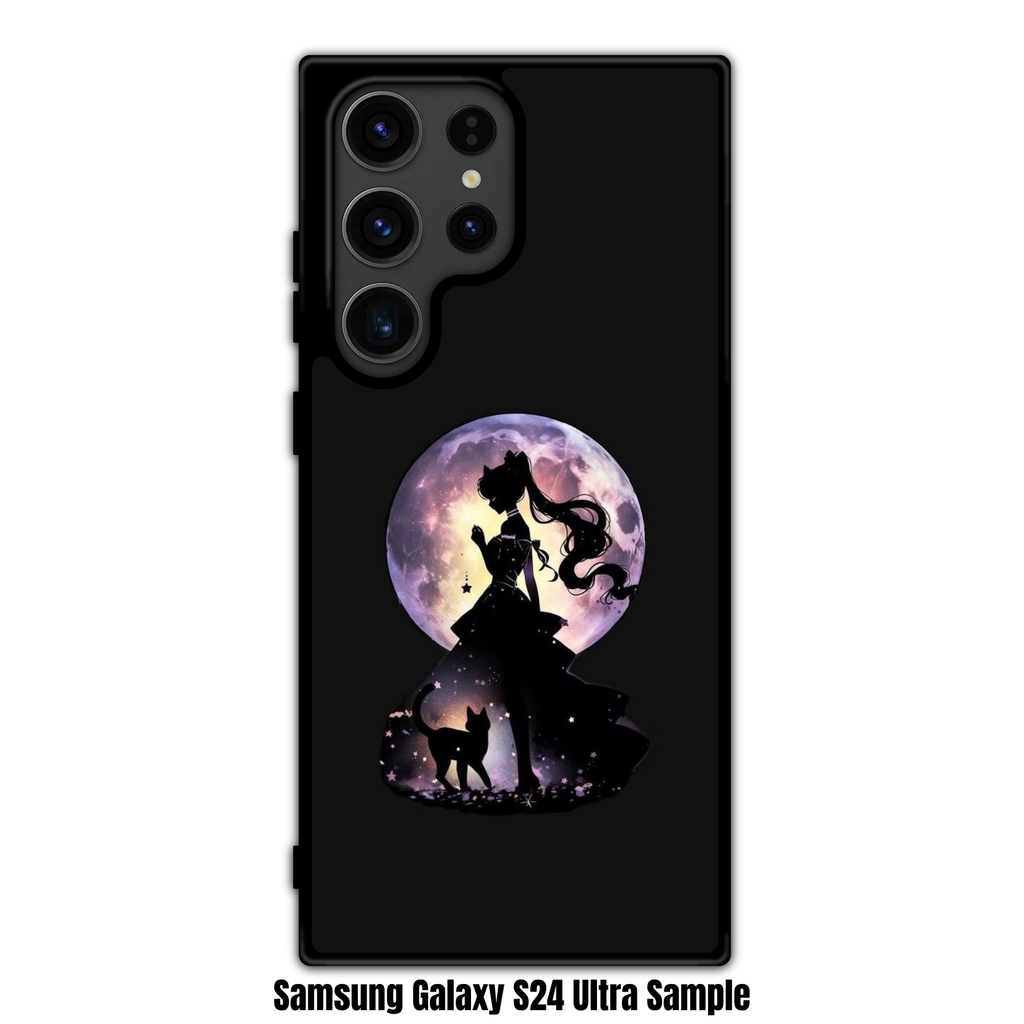 Sailor Moon Phone Case For iPhone Samsung Galaxy Pixel - Sailor Moon Silhouette With Luna And Purple Moon On Black Background