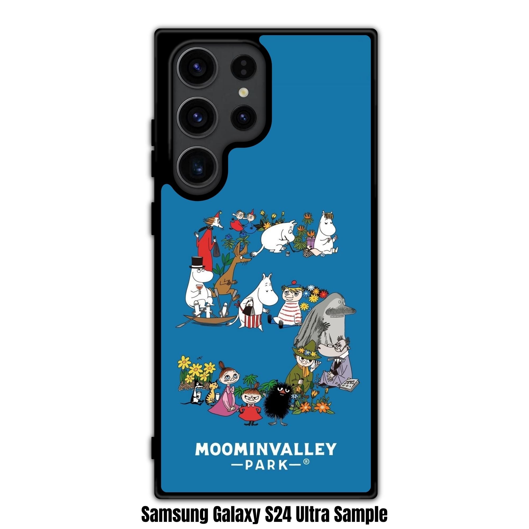 Moomins Phone Case For iPhone Samsung Galaxy Pixel - Moomin Characters In Number Five Shape With Moominvalley Park Logo In Blue Background