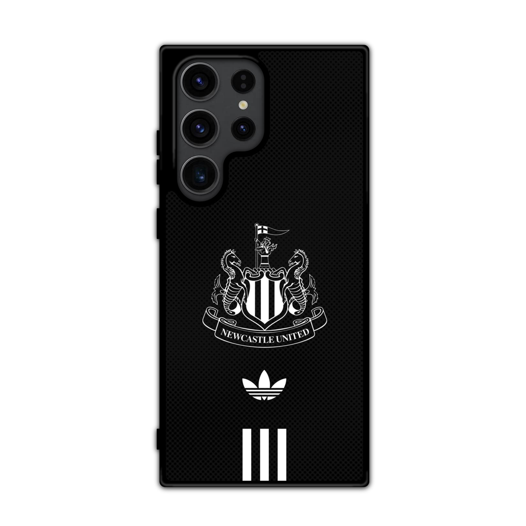 Newcastle United FC Phone Case For iPhone Samsung Galaxy Pixel - Newcastle United FC Crest And Adidas Trefoil Logo On Black Textured Background