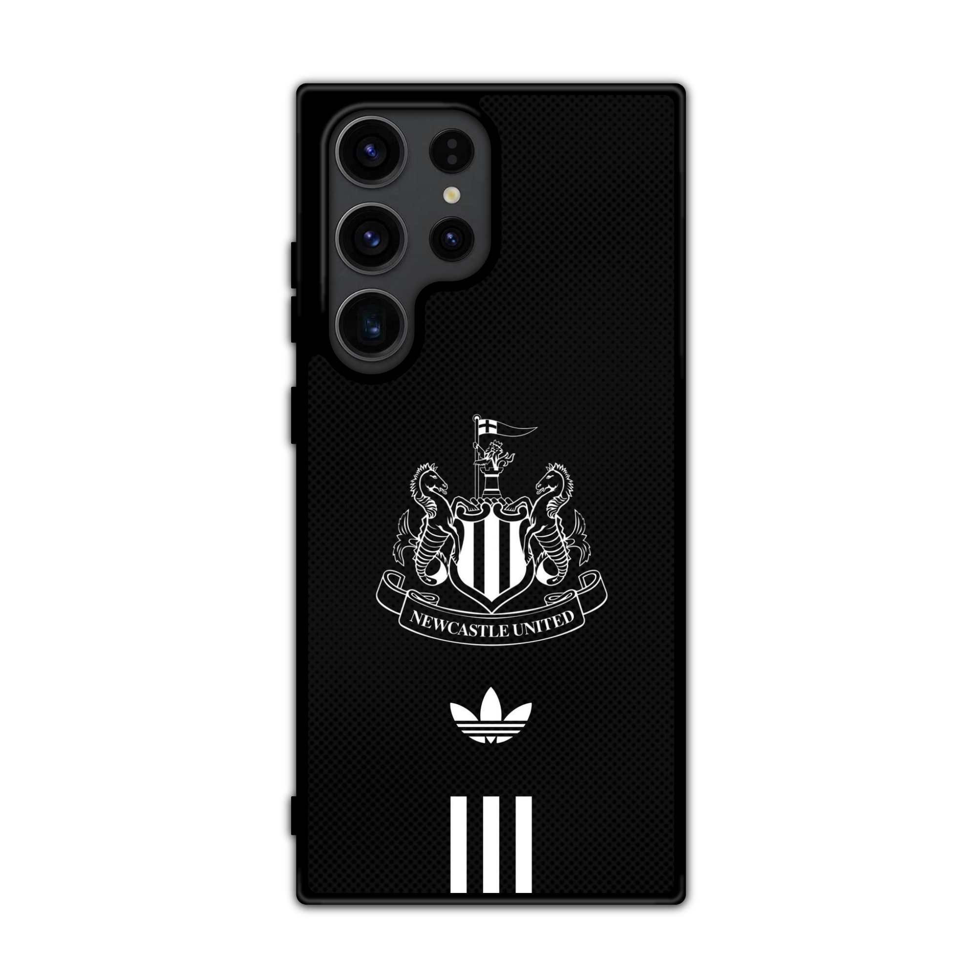 Newcastle United FC Phone Case For iPhone Samsung Galaxy Pixel - Newcastle United FC Crest And Adidas Trefoil Logo On Black Textured Background