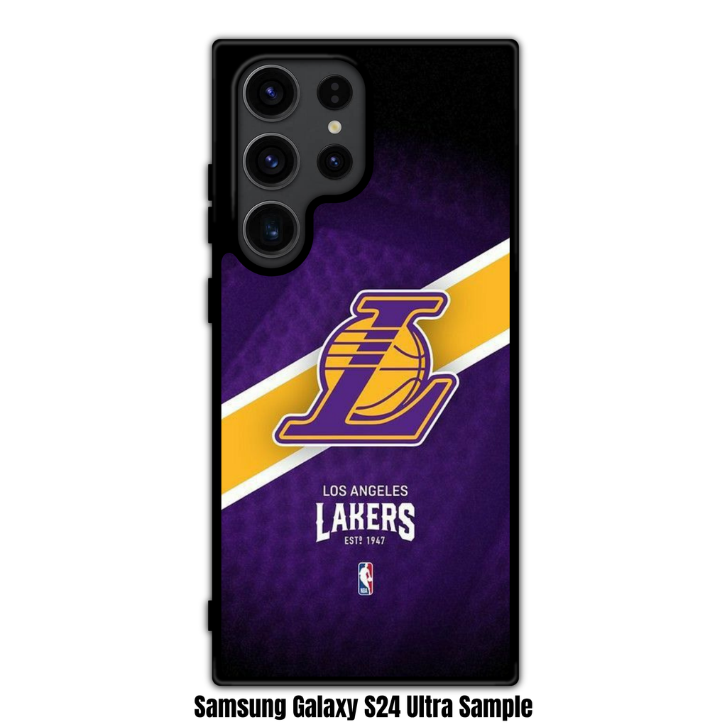 NBA Los Angeles Lakers Phone Case For iPhone Samsung Galaxy Pixel - Los Angeles Lakers Logo And Diagonal Stripe On Textured Purple Background