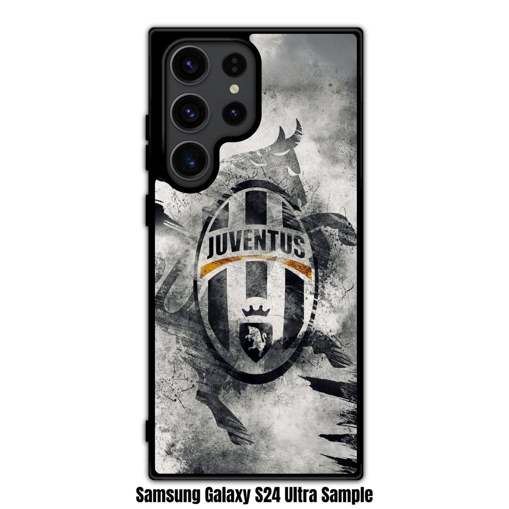 Juventus FC Phone Case For iPhone Samsung Galaxy Pixel - Classic Juventus FC Crest On Abstract Black And White Splash Background With Bull Silhouette