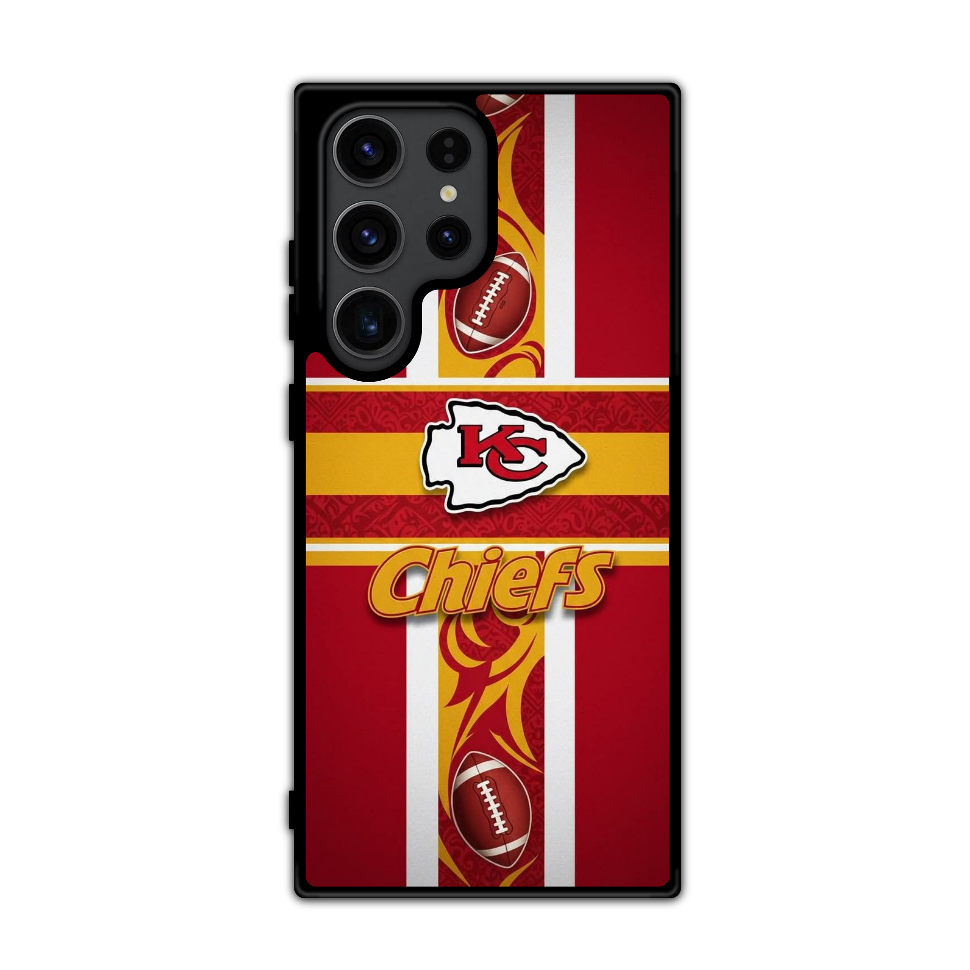NFL Kansas City Chiefs Phone Case For iPhone Samsung Galaxy Pixel - Kansas City Chiefs Logo And Footballs On Red And Yellow Cross Background