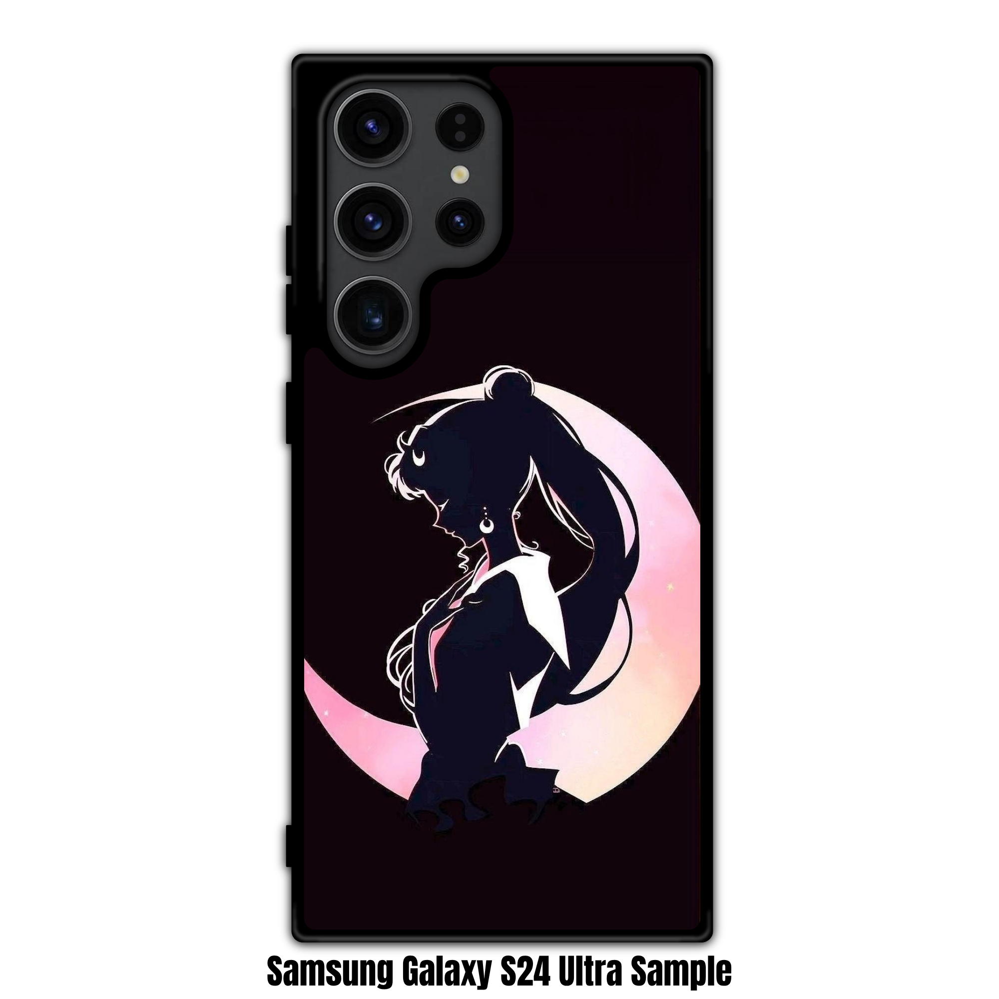 Sailor Moon Phone Case For iPhone Samsung Galaxy Pixel - Sailor Moon Side Profile Silhouette In Front Of Crescent Moon On Black Background