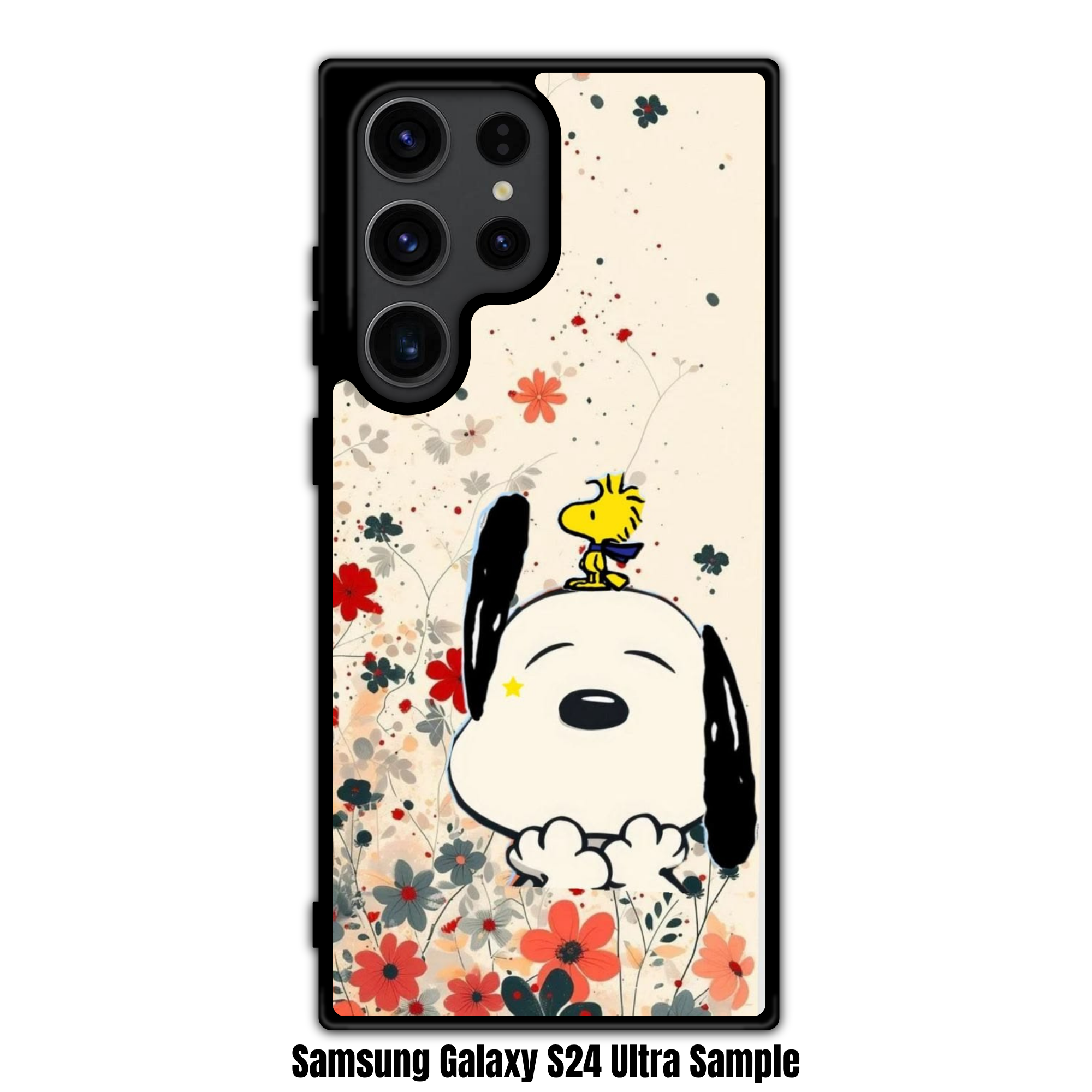 Peanuts Snoopy Phone Case For iPhone Samsung Galaxy Pixel - Peanuts Snoopy And Woodstock With Red And Grey Flowers On Cream Background