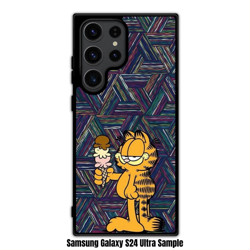 Garfield Phone Case For iPhone Samsung Galaxy Pixel - Garfield Holding An Ice Cream Cone In Geometric Patterned Background