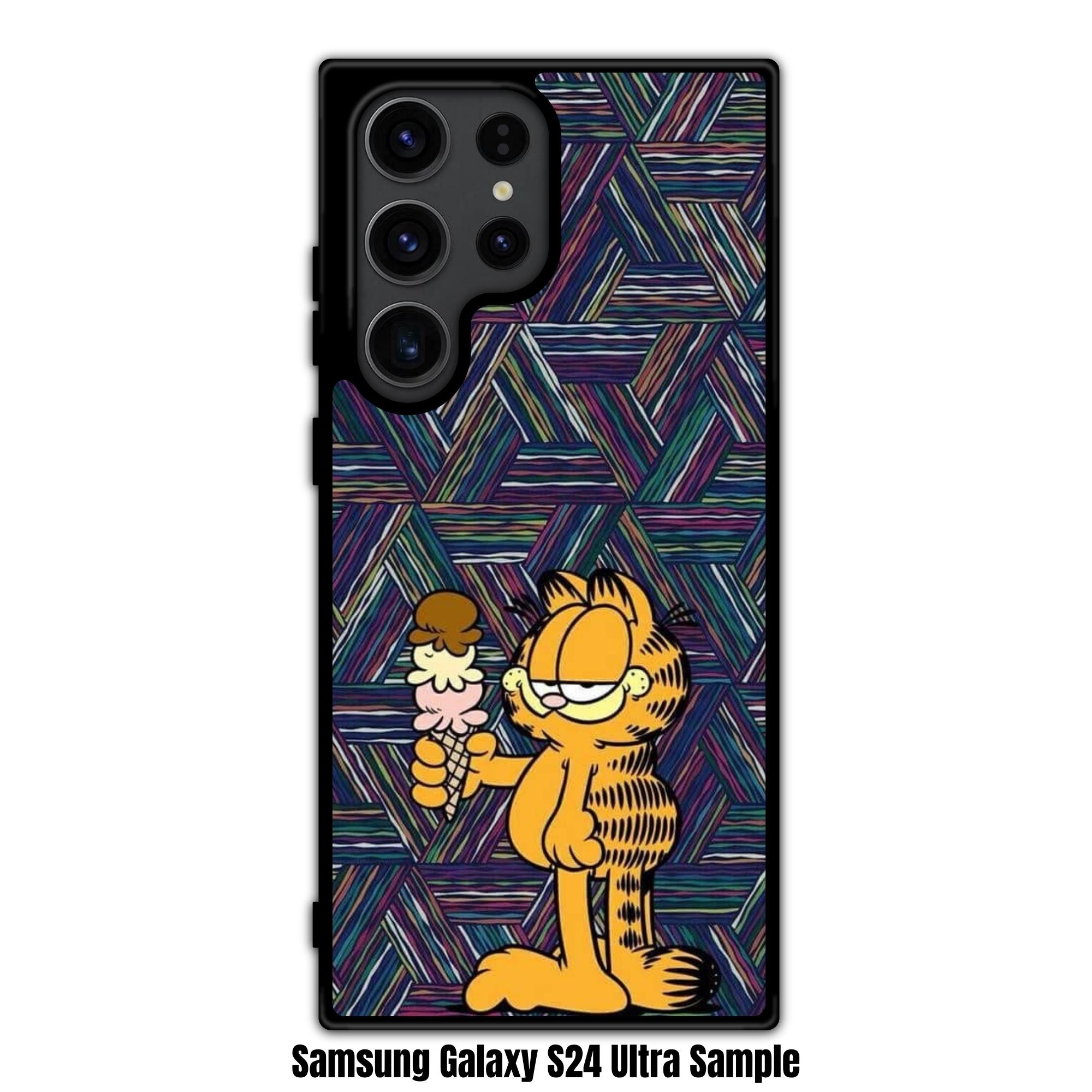 Garfield Phone Case For iPhone Samsung Galaxy Pixel - Garfield Holding An Ice Cream Cone In Geometric Patterned Background