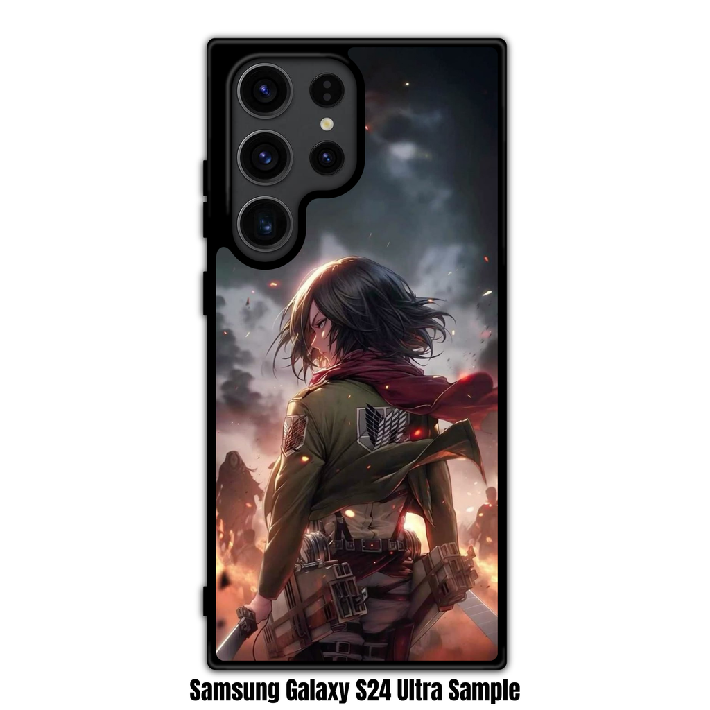 Attack on Titan Mikasa Phone Case For iPhone Samsung Galaxy Pixel - Mikasa Ackerman Looking Over Her Shoulder On A Dark Battlefield Background
