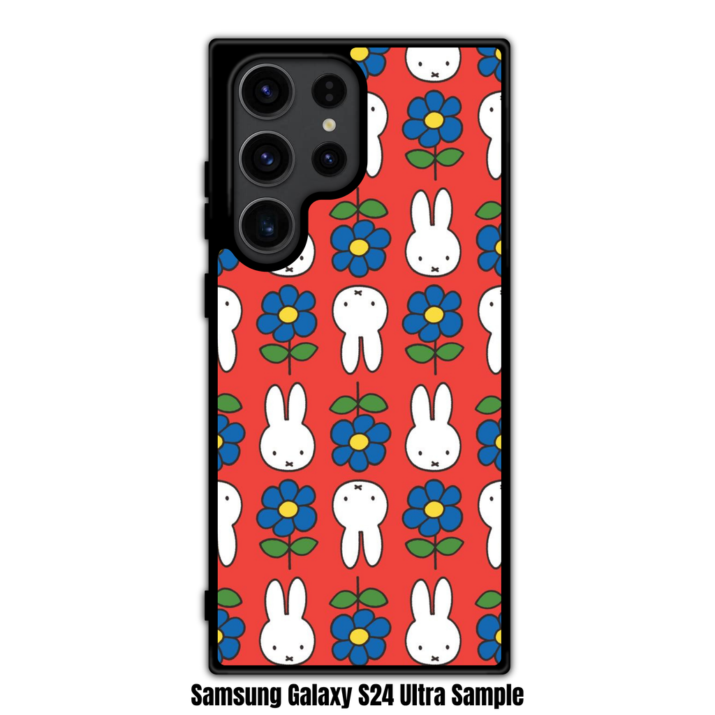 Miffy Phone Case For iPhone Samsung Galaxy Pixel - Miffy Faces And Blue Flowers Pattern In Orange Background
