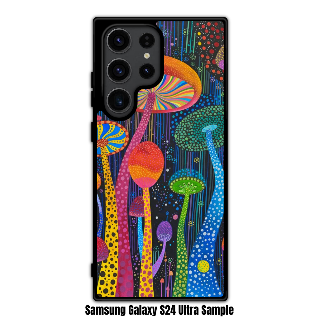 Yayoi Kusama Phone Case For iPhone Samsung Galaxy Pixel - Psychedelic Mushrooms In Polka Dot Style On Dark Background