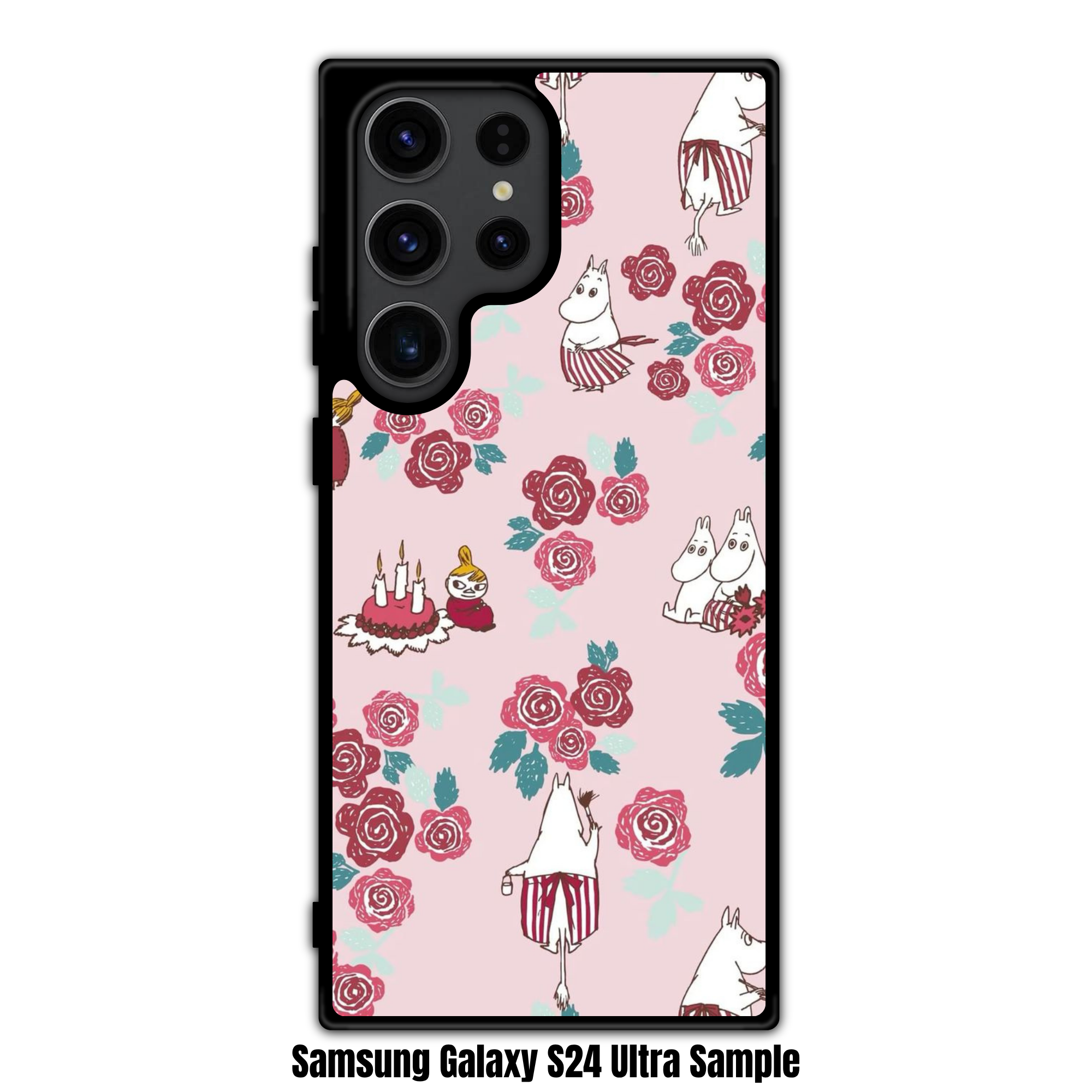 Moomins Phone Case For iPhone Samsung Galaxy Pixel - Moomin Characters And Roses Pattern In Pink Background