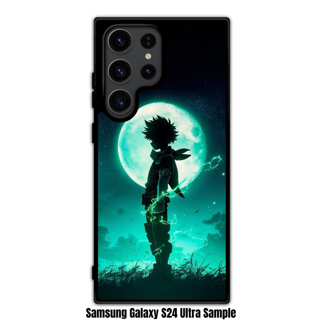 My Hero Academia Midoriya Phone Case For iPhone Samsung Galaxy Pixel - Deku Silhouette Sparking Green Lightning Sparks In Front Of A Giant Green Moon Background
